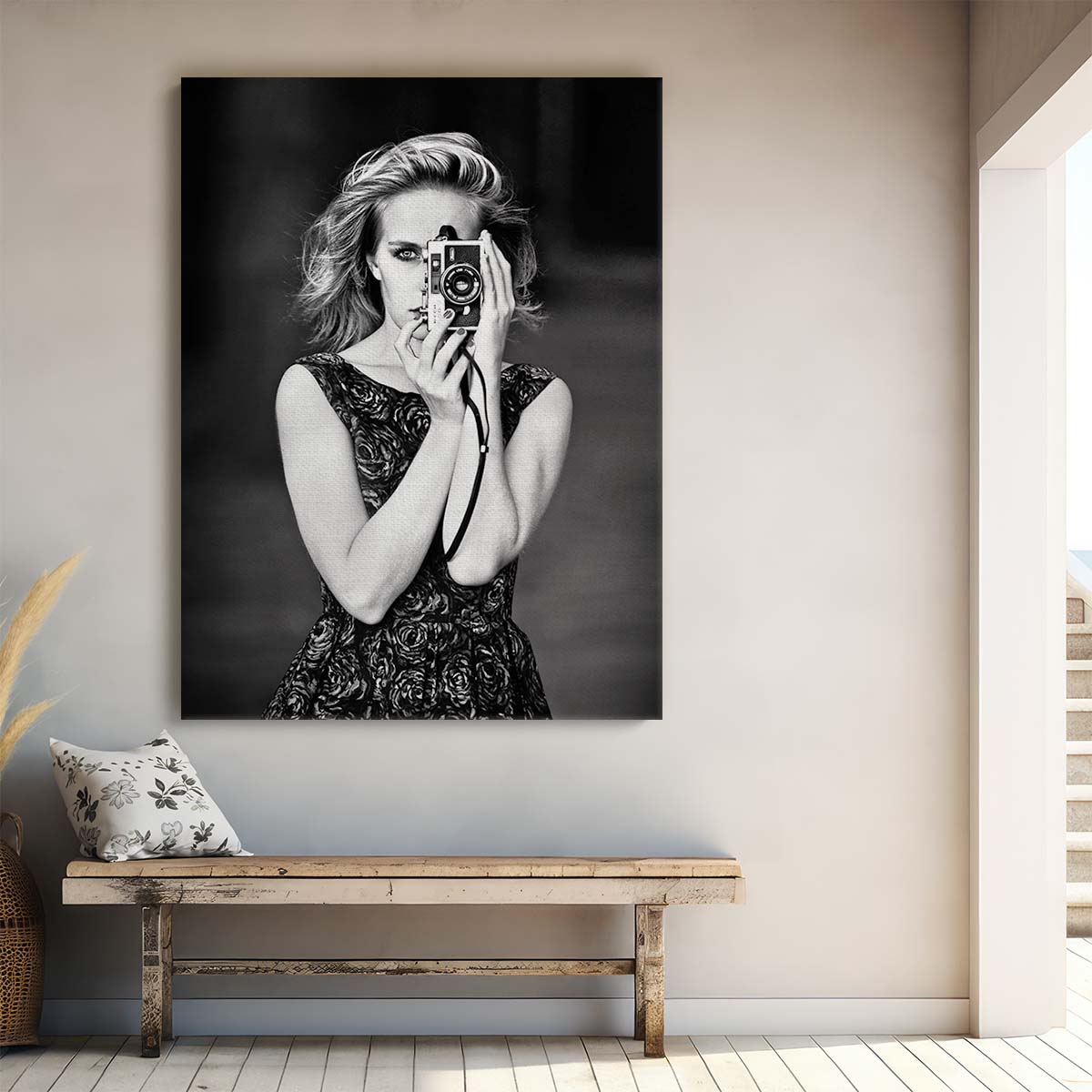 Monochrome Mood Portrait Woman with Camera in Floral Dress by Luxuriance Designs, made in USA