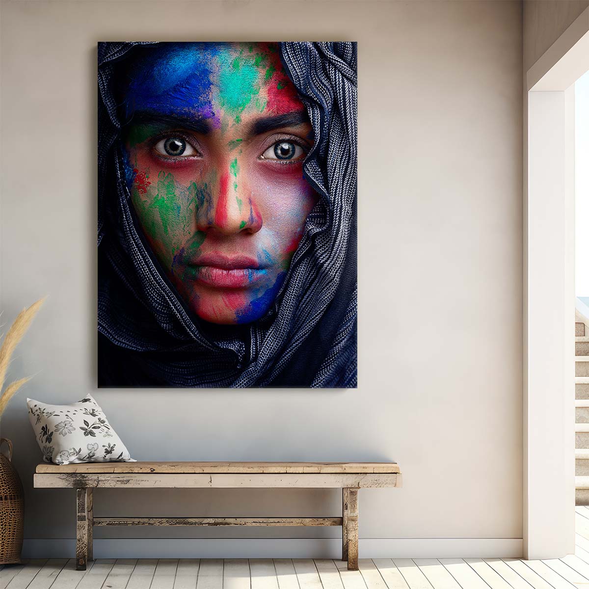 Colorful Painted Woman Portrait Intense Face & Veiled Expression Photography by Luxuriance Designs, made in USA