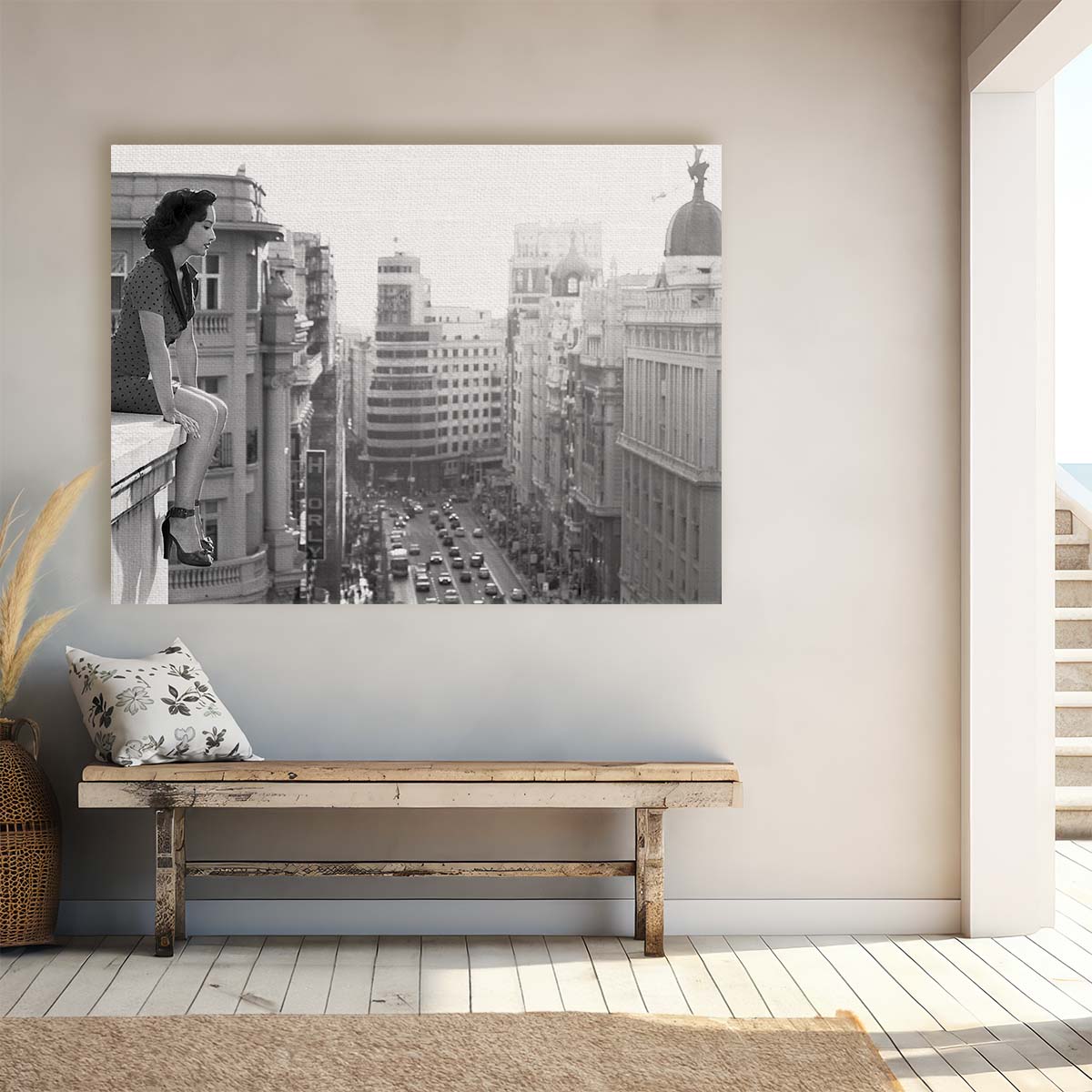 Vintage Madrid Rooftop View Woman in Monochrome Wall Art