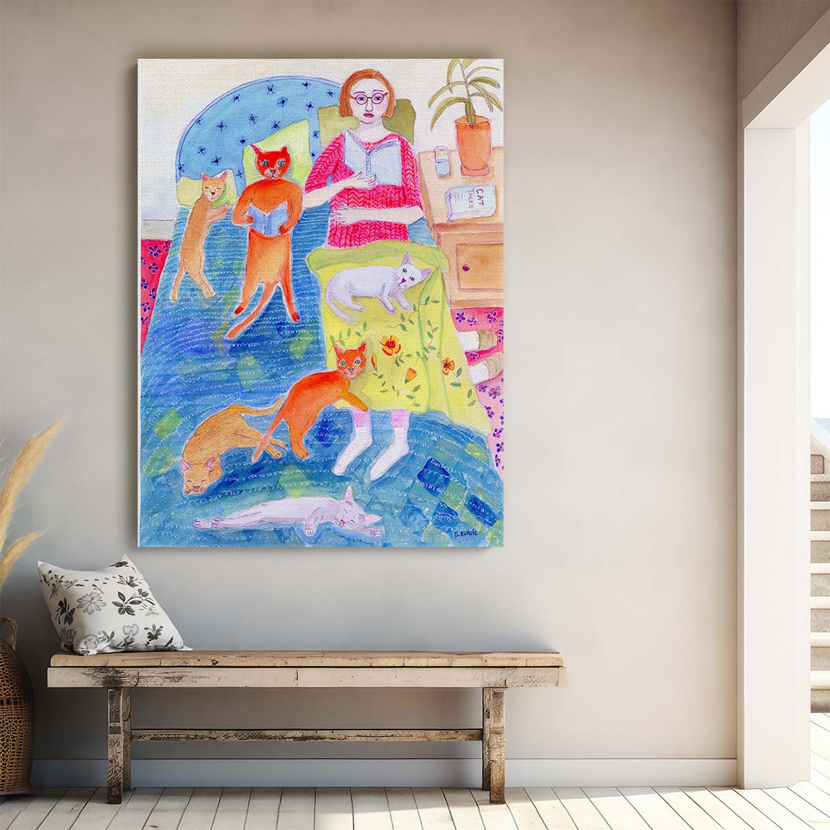 Colorful Humorous Illustration of Woman, Cat and Bedtime Ritual by Luxuriance Designs, made in USA