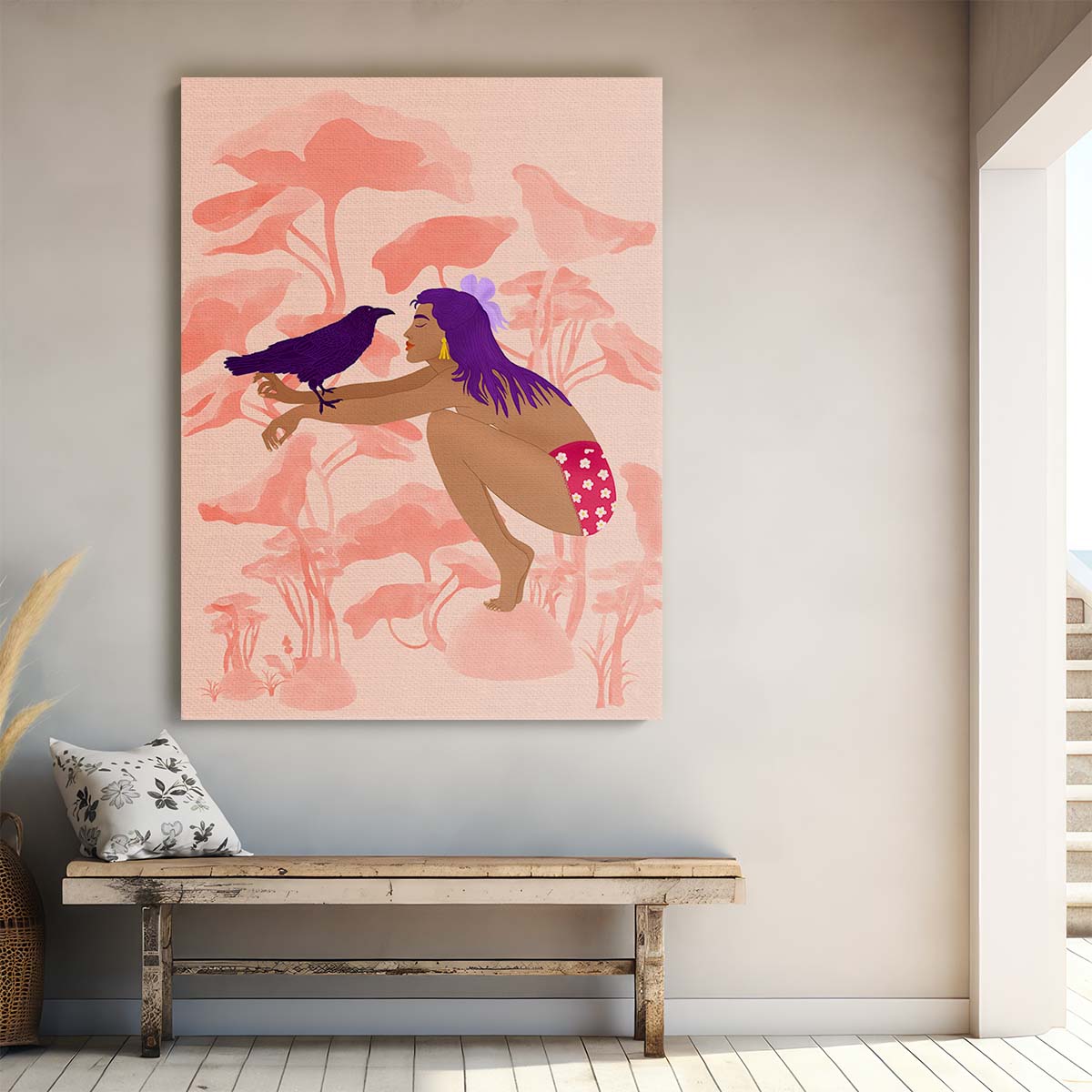Dreamy Abstract Illustration of Woman with Raven in Vibrant Colours by Luxuriance Designs, made in USA