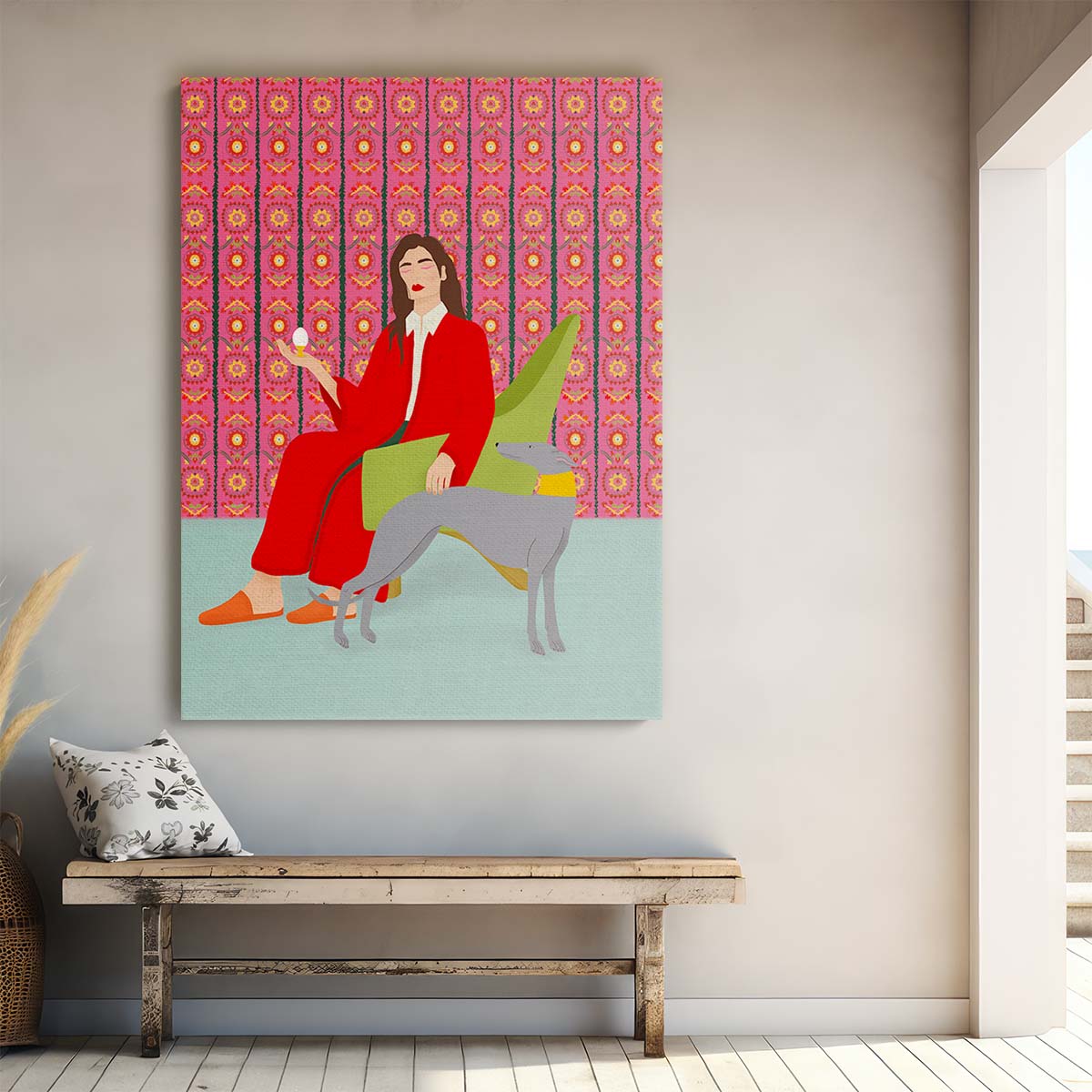 Elegant Greyhound Dog and Woman Dream Illustration Wall Art by Luxuriance Designs, made in USA