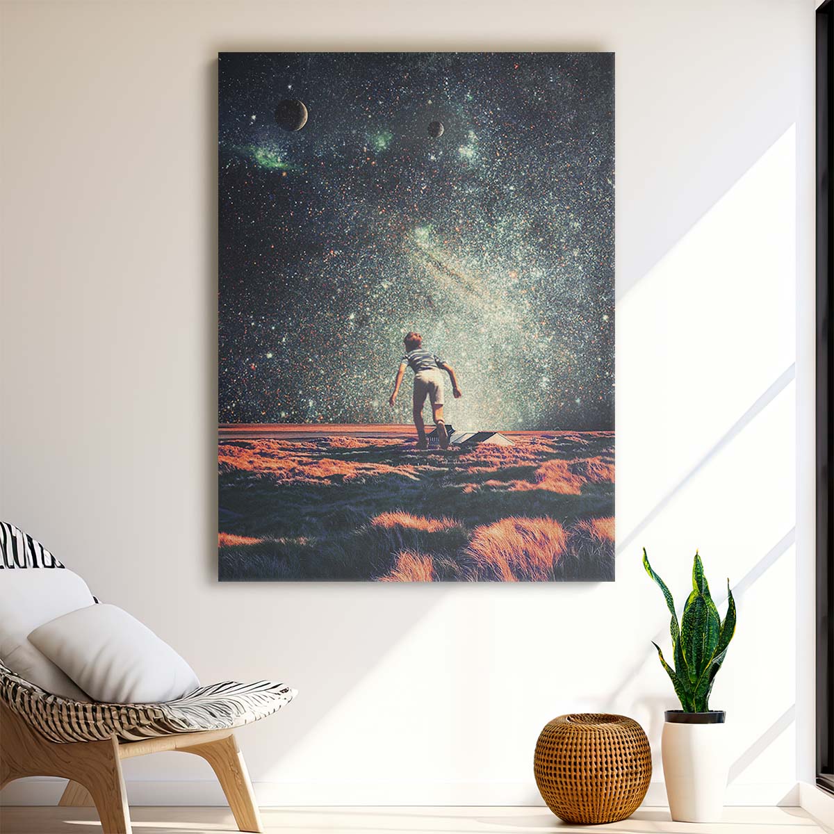 Child's Surreal Universe, Retro Futuristic Starry Night Digital Collage Art by Luxuriance Designs, made in USA