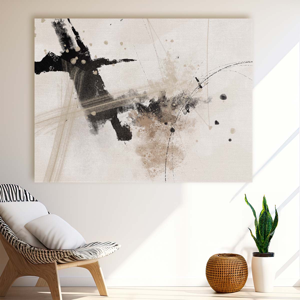 Geometric Abstract Beige & Black Paint Splash Wall Art by Luxuriance Designs. Made in USA.