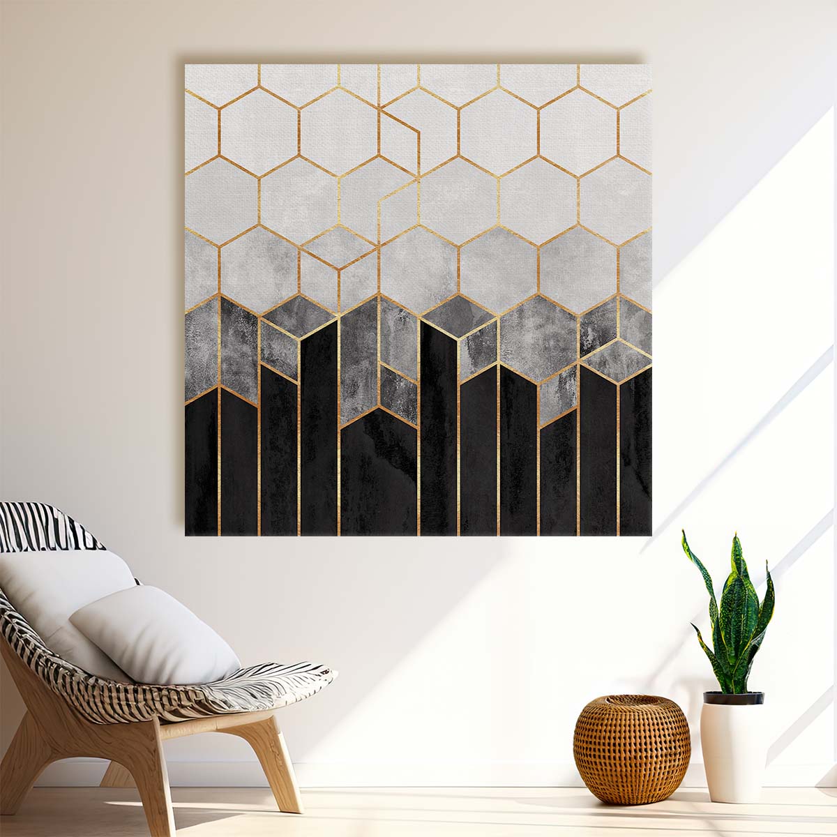 Abstract Geometric Gold & Charcoal Hexagon Illustration Wall Art by Luxuriance Designs. Made in USA.