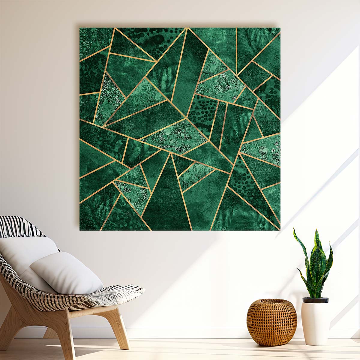 Emerald & Gold Geometric Lines Abstract Wall Art Illustration by Luxuriance Designs. Made in USA.