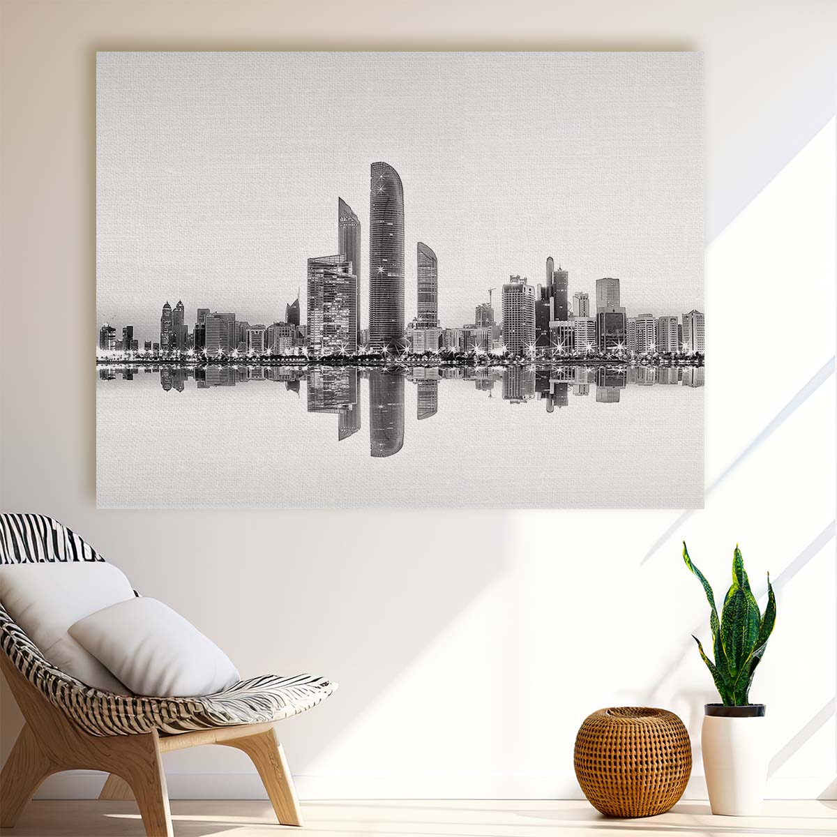 Abu Dhabi Skyline Reflections Monochrome Wall Art by Luxuriance Designs. Made in USA.