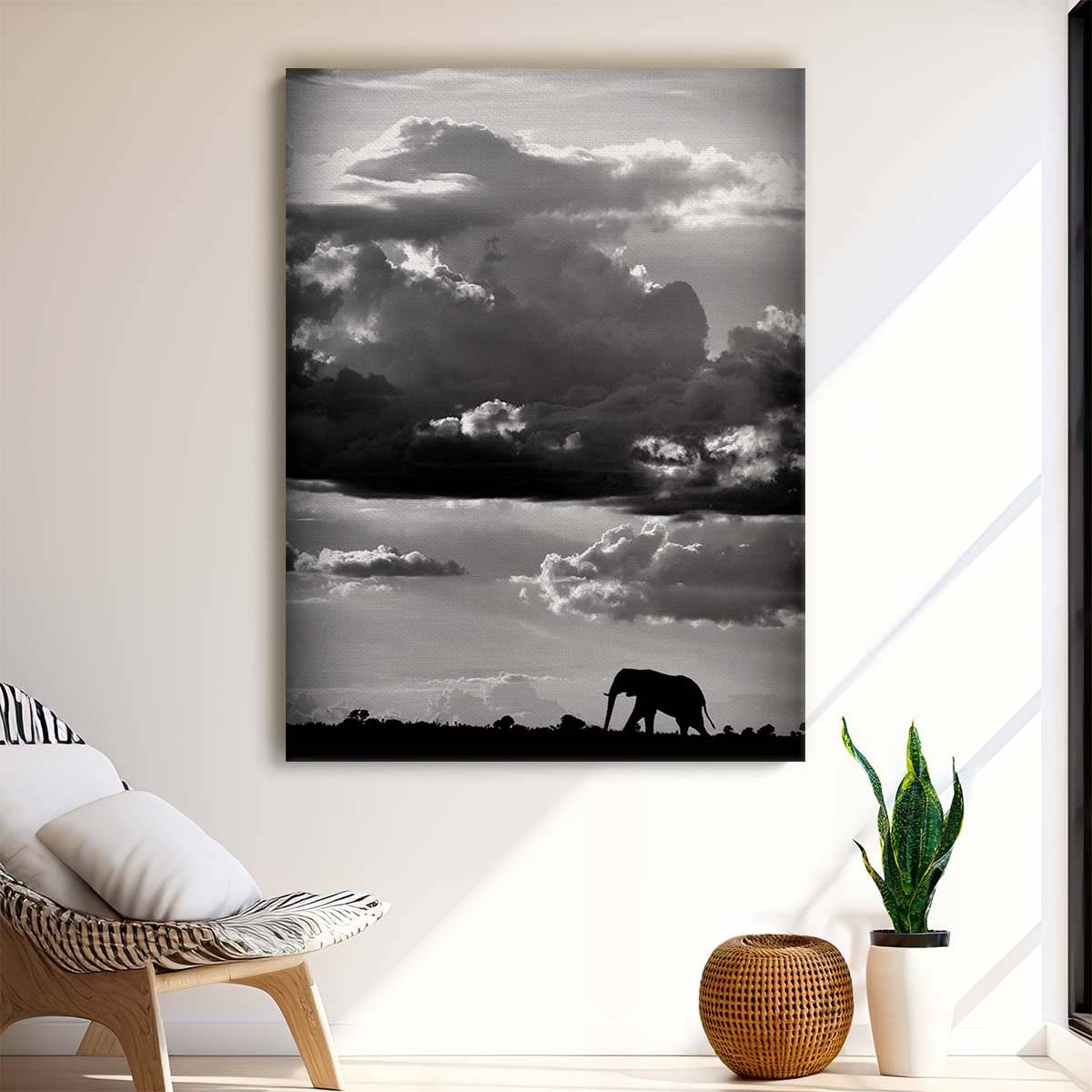 Majestic African Elephant Photography Artwork in Monochrome, Safari Wildlife Scene by Luxuriance Designs, made in USA