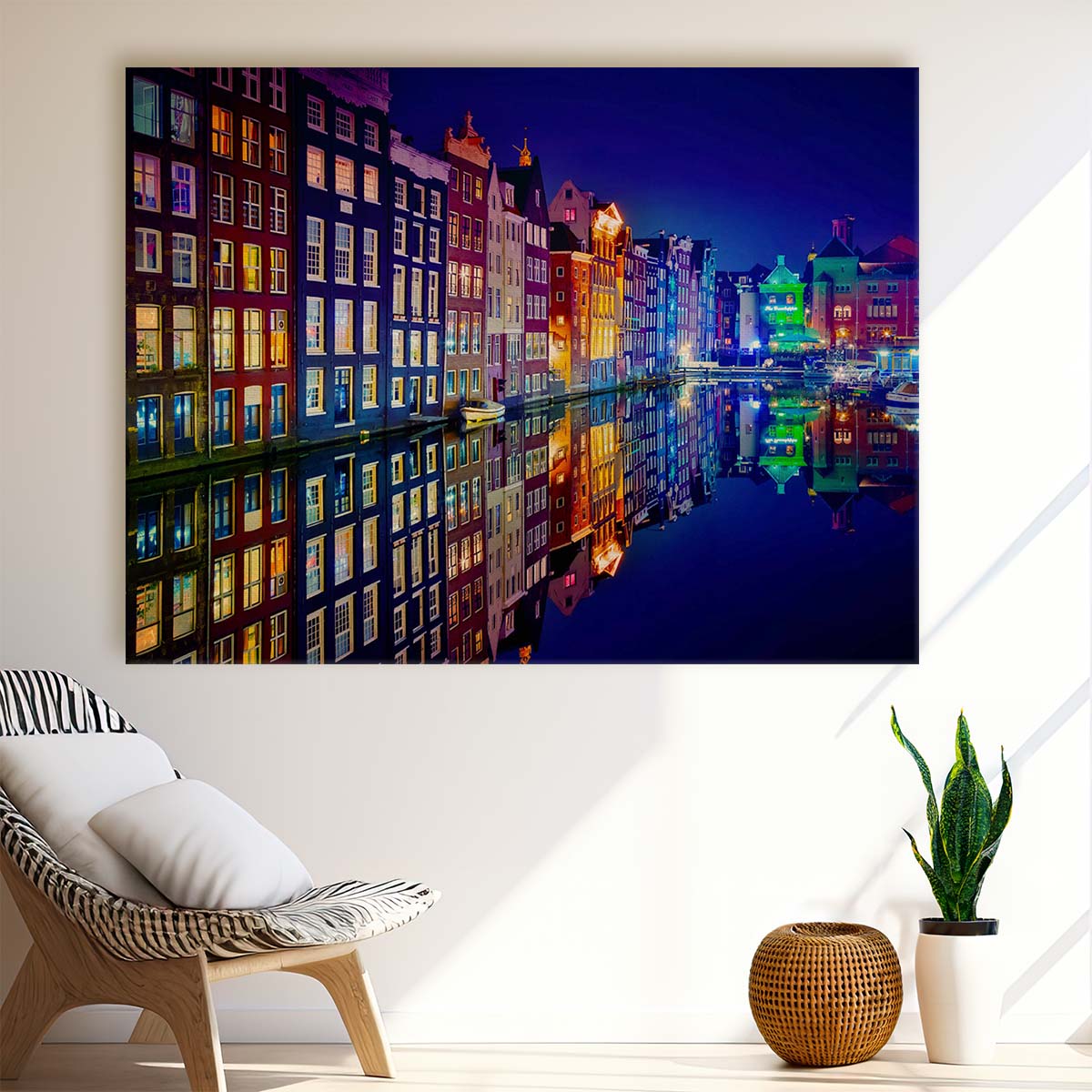 Amsterdam Canal Nightscape Colorful Urban Reflection Wall Art by Luxuriance Designs. Made in USA.