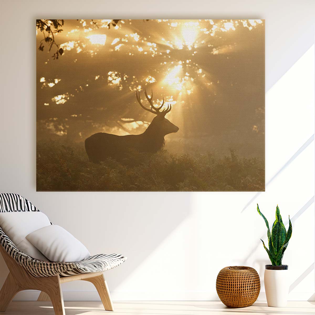 Majestic Sunrise & Stag Silhouette Forest Wall Art by Luxuriance Designs. Made in USA.