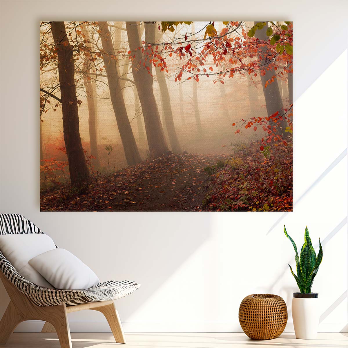 Mystical Autumn Fog & Red Forest Path Wall Art by Luxuriance Designs. Made in USA.