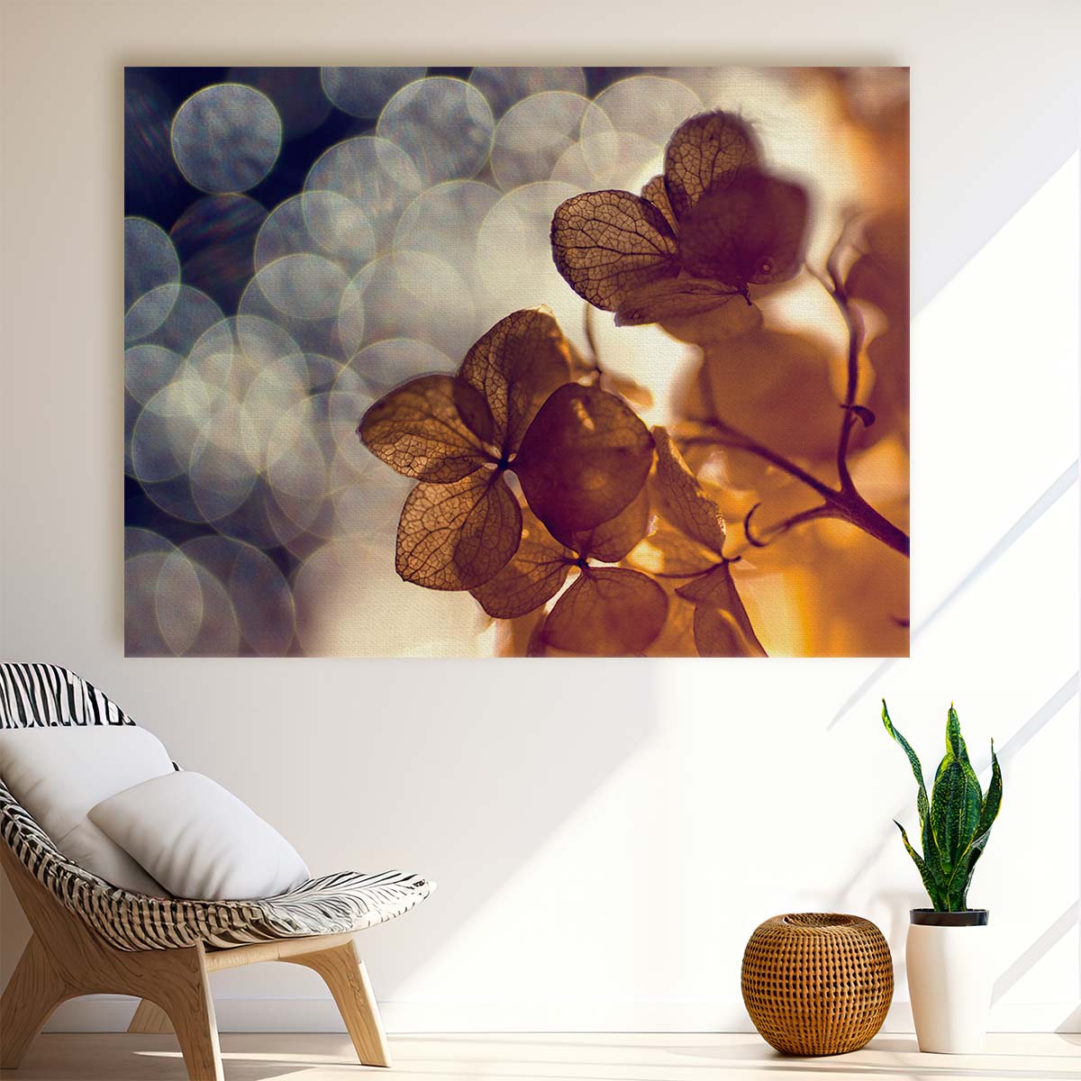 Golden Autumn Leaves Macro Bokeh Floral Wall Art by Luxuriance Designs. Made in USA.