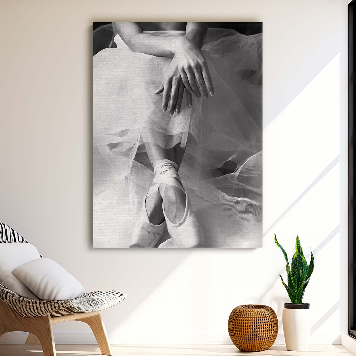 Elegant Resting Ballerina Portrait in Monochrome Photography Art by Luxuriance Designs, made in USA