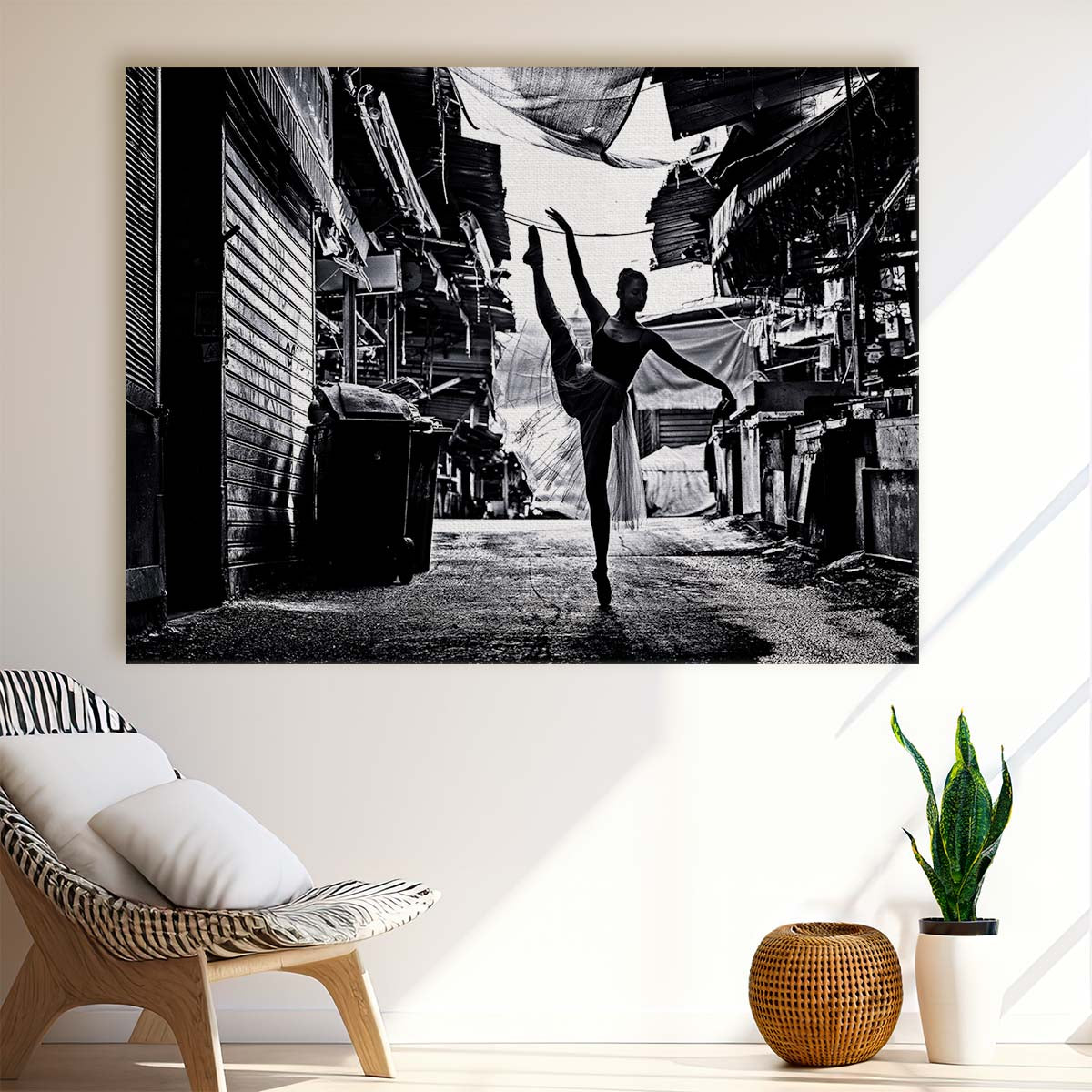 Graceful Ballerina Dancing in Monochrome Alley Wall Art by Luxuriance Designs. Made in USA.