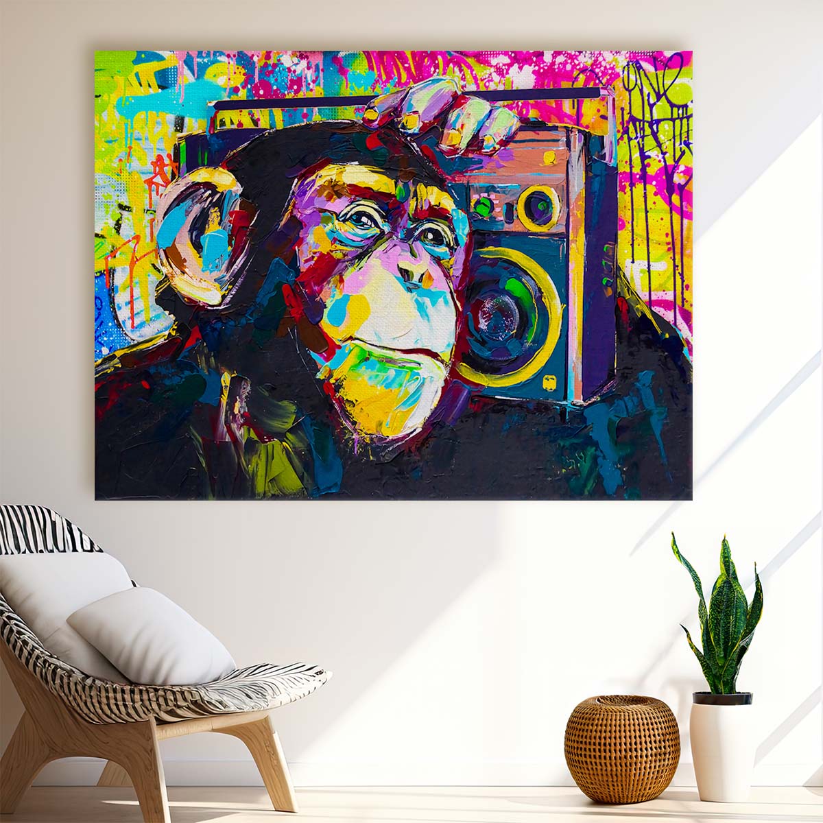 Banksy DJ Monkey Listening to Music Graffiti Wall Art by Luxuriance Designs. Made in USA.