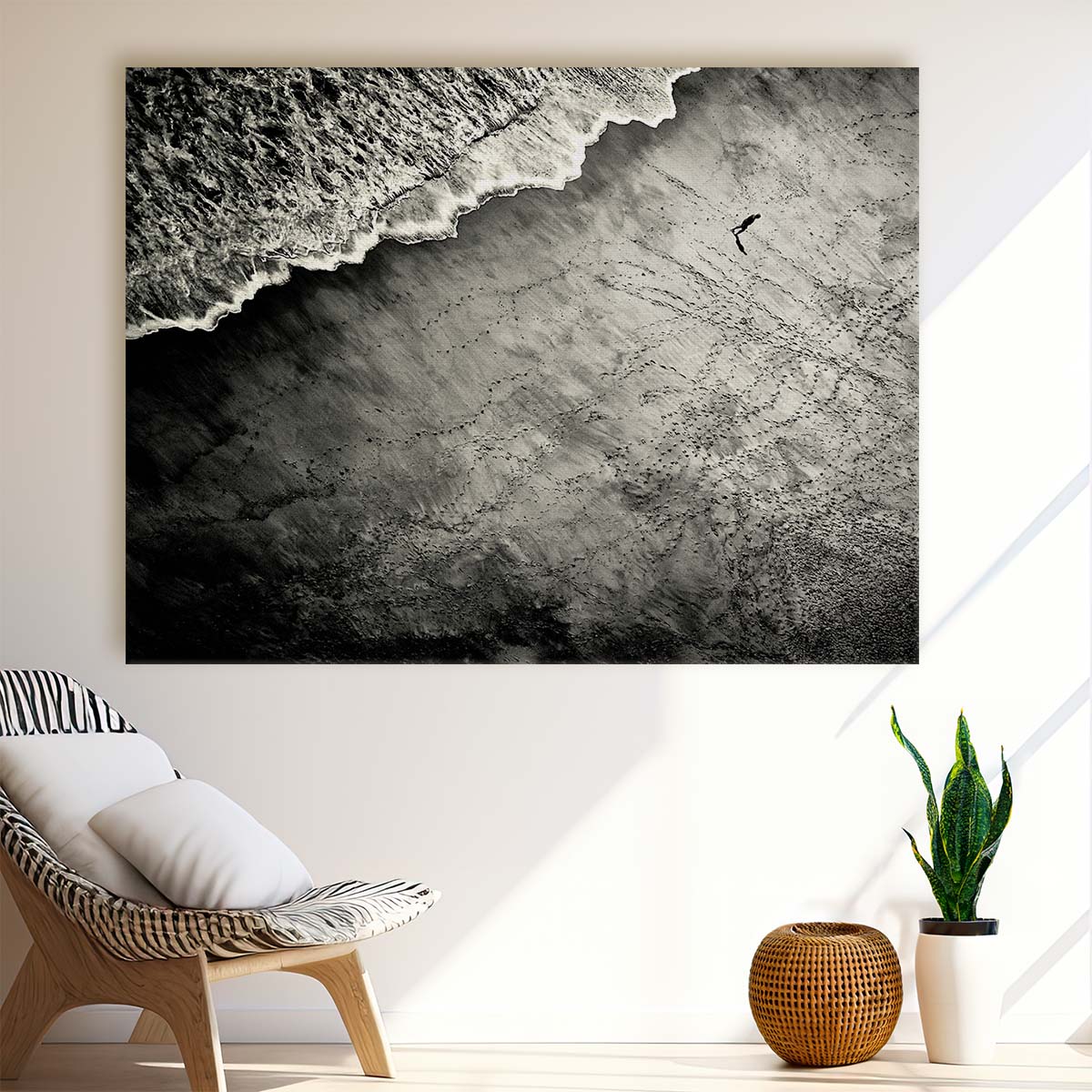 Solitary Figure on Monochrome Beachscape Wall Art by Luxuriance Designs. Made in USA.