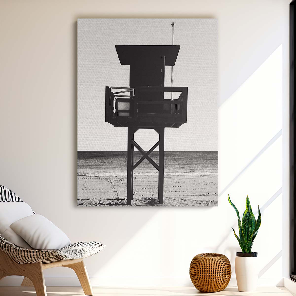 Black and White Beach Lifeguard Tower Seascape Photography Art by Luxuriance Designs, made in USA