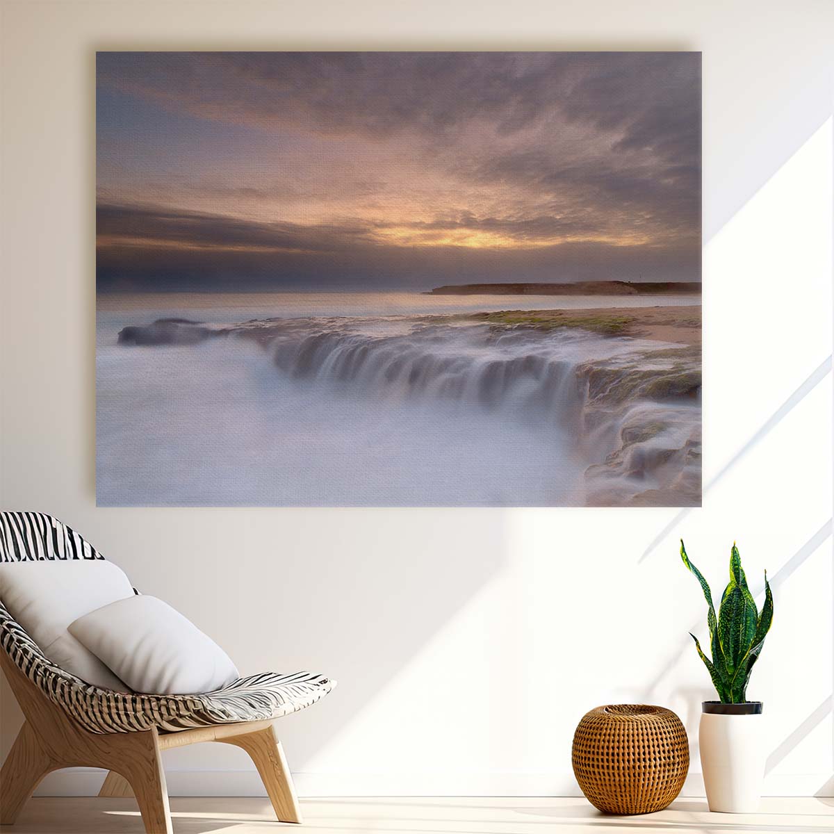 Serene Waterfall & Sunset Seascape Long Exposure Wall Art by Luxuriance Designs. Made in USA.