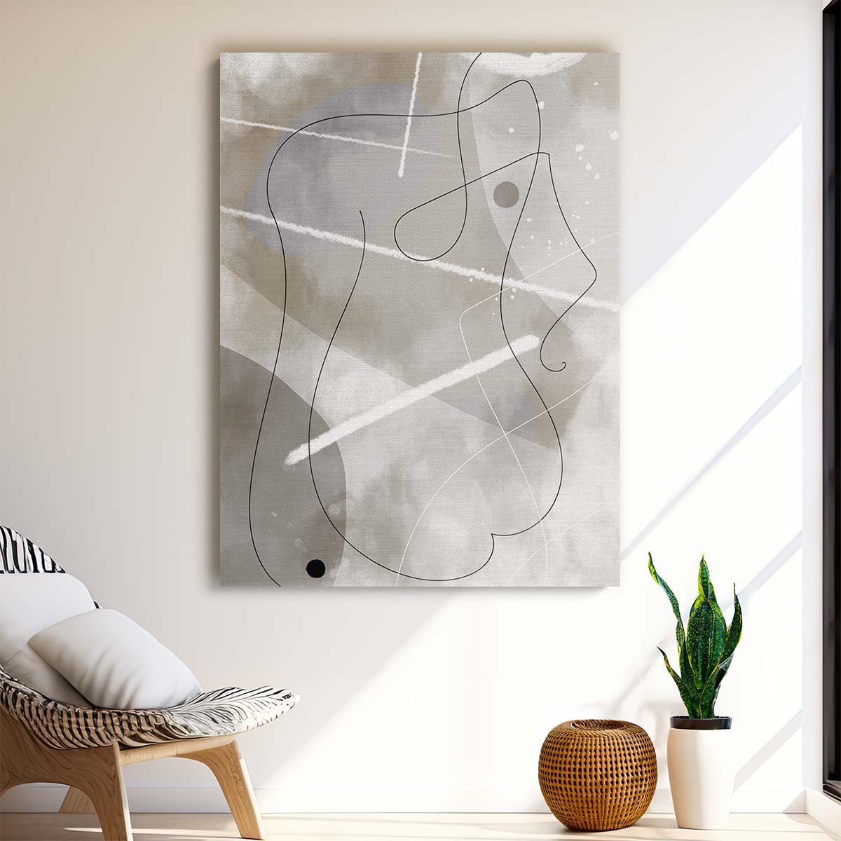 Abstract Line Art Illustration - Geometric Woman in Beige, Gray, Black by Luxuriance Designs, made in USA