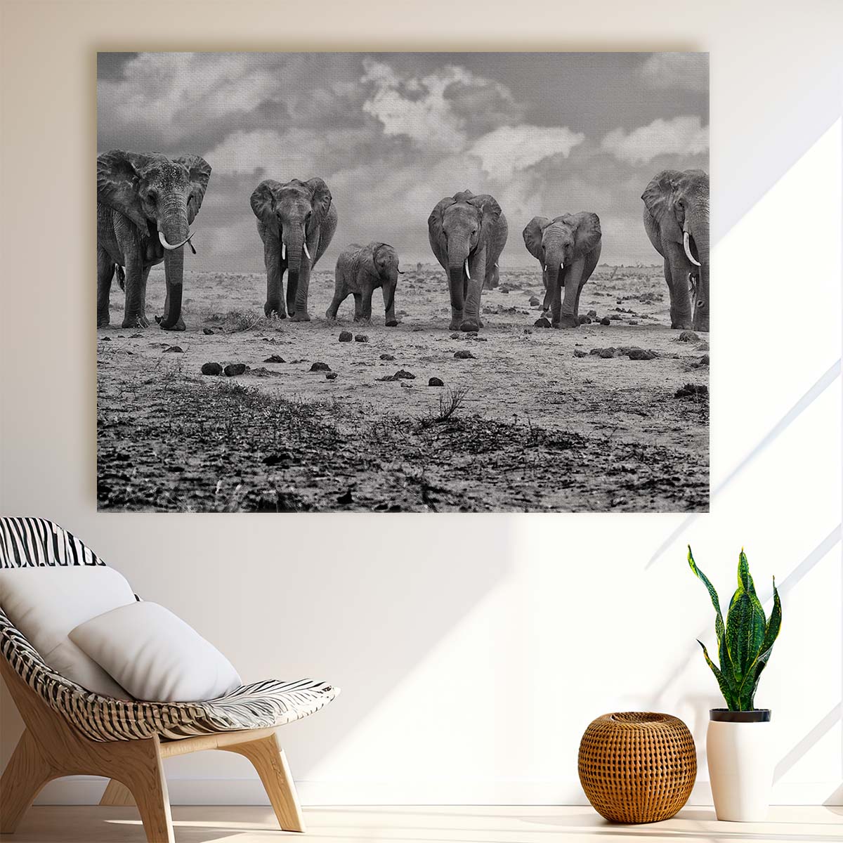 Majestic Elephant Family Safari Monochrome Wall Art by Luxuriance Designs. Made in USA.