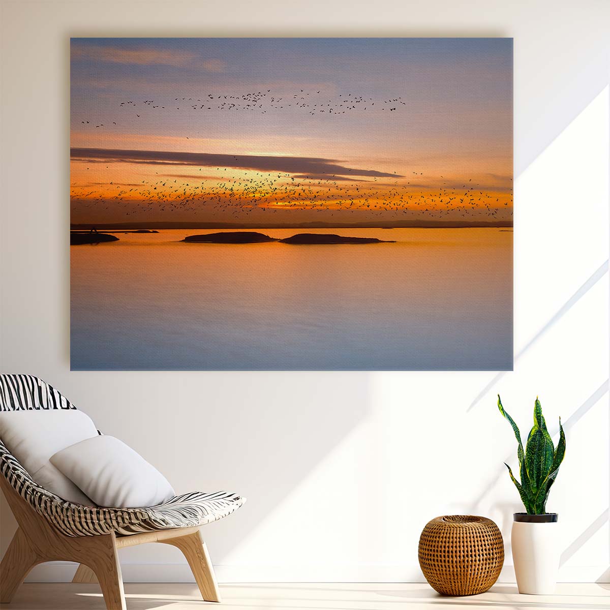 Twilight Birds Migration Over Mietkow Lake Wall Art by Luxuriance Designs. Made in USA.