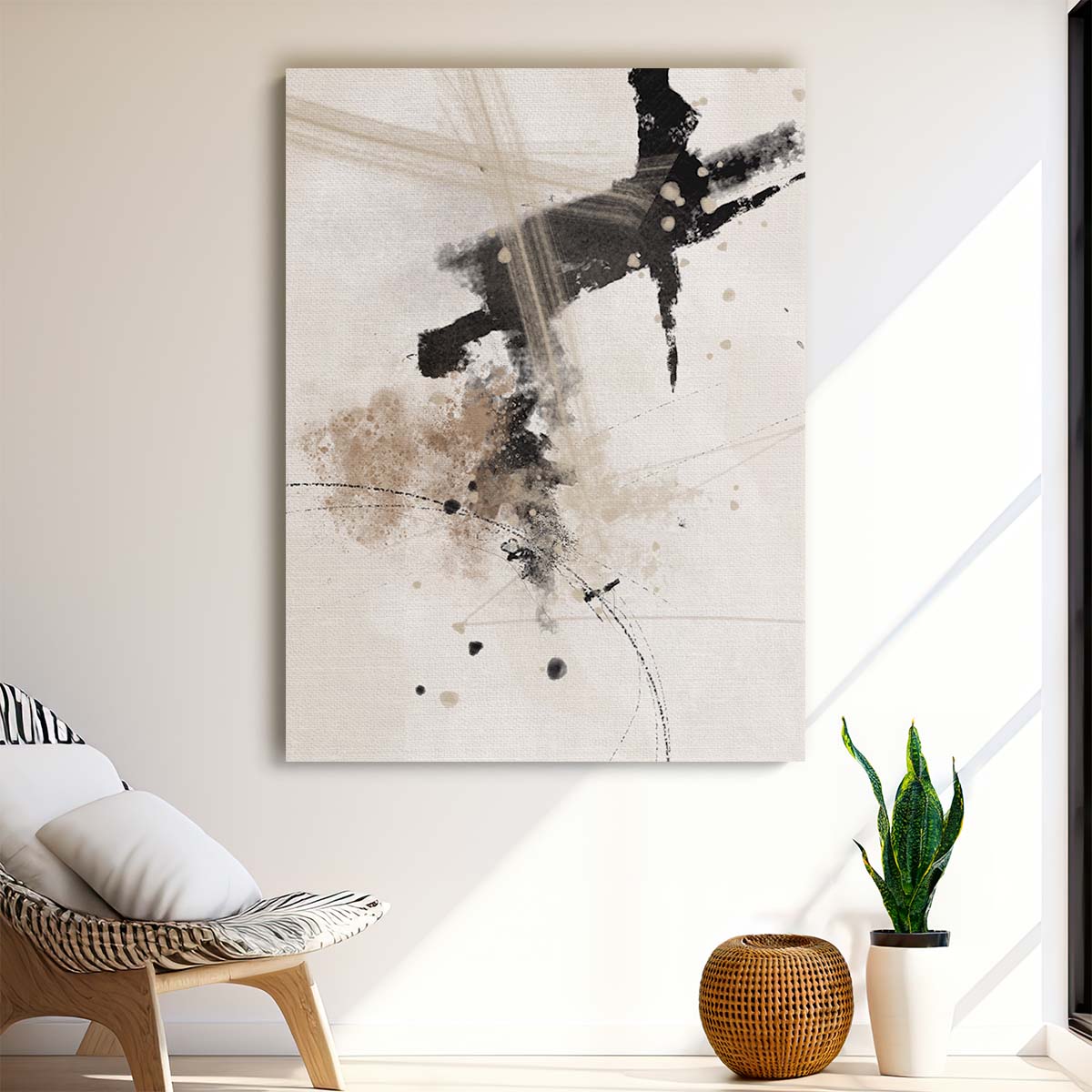 Abstract Beige & Black Illustration Painting with Geometric Splash Pattern by Luxuriance Designs, made in USA
