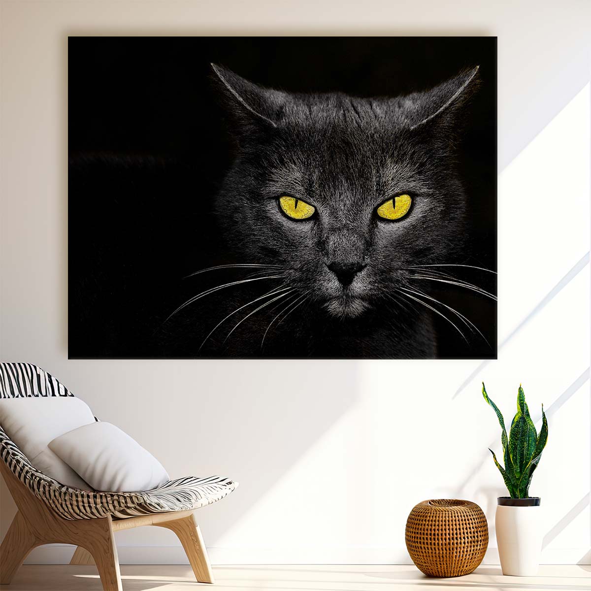 Black Cat with Yellow Eyes Dark Whiskers Wall Art by Luxuriance Designs. Made in USA.