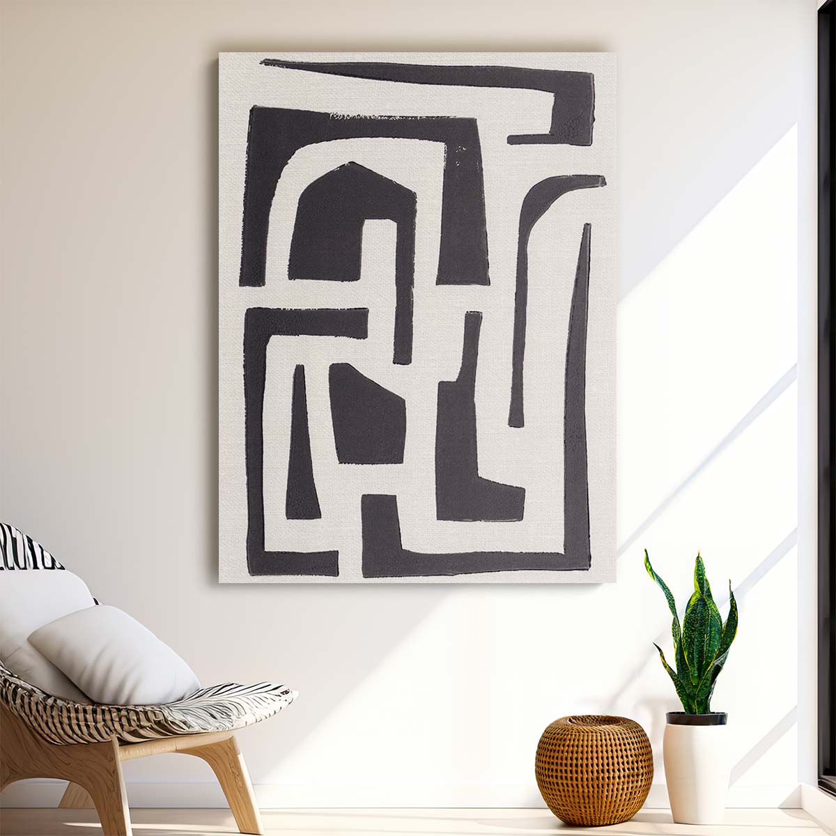 Modern Black and White Abstract City Linocut Wall Art Illustration by Luxuriance Designs, made in USA