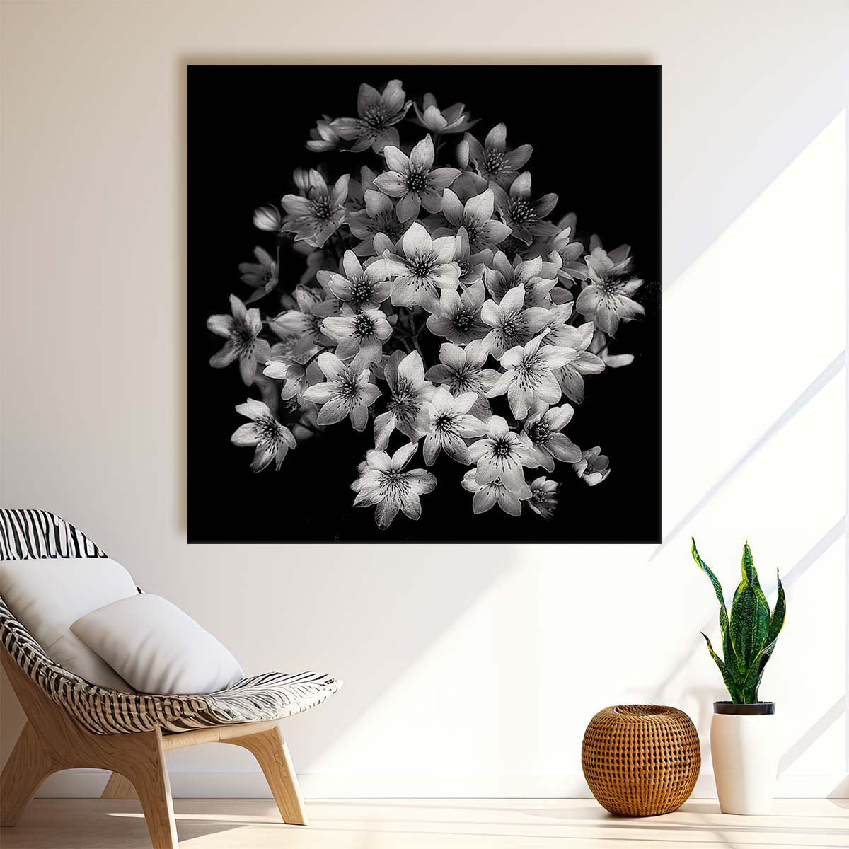 Spring in Bruges Monochrome Clematis Blossoms Still Life Wall Art by Luxuriance Designs. Made in USA.