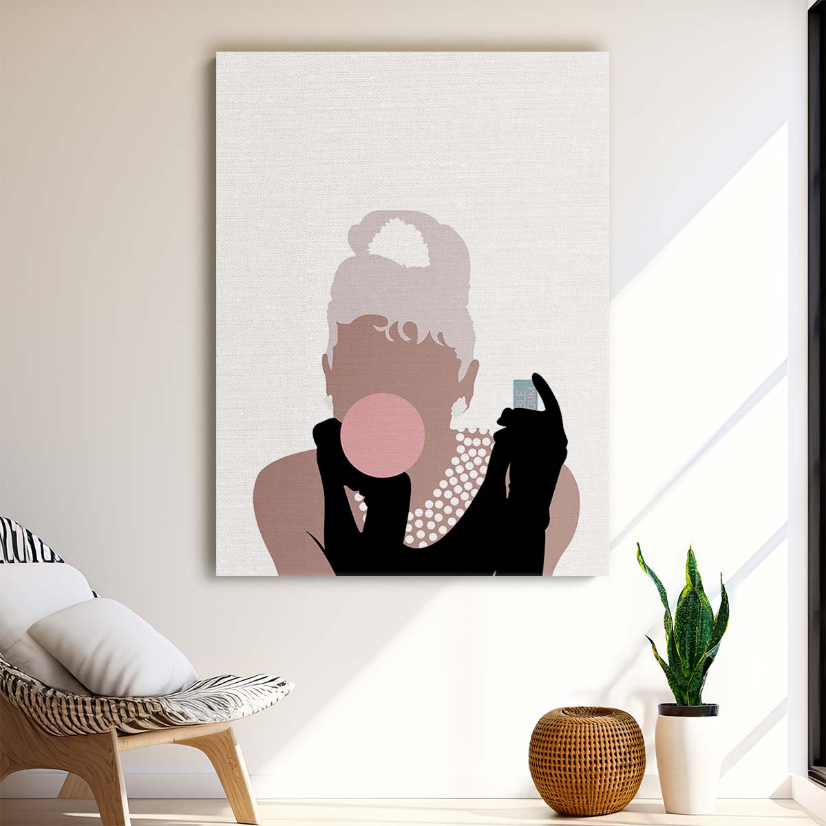 Mid-Century Bubblegum Fashion Girl Illustration with Pearls by Luxuriance Designs, made in USA