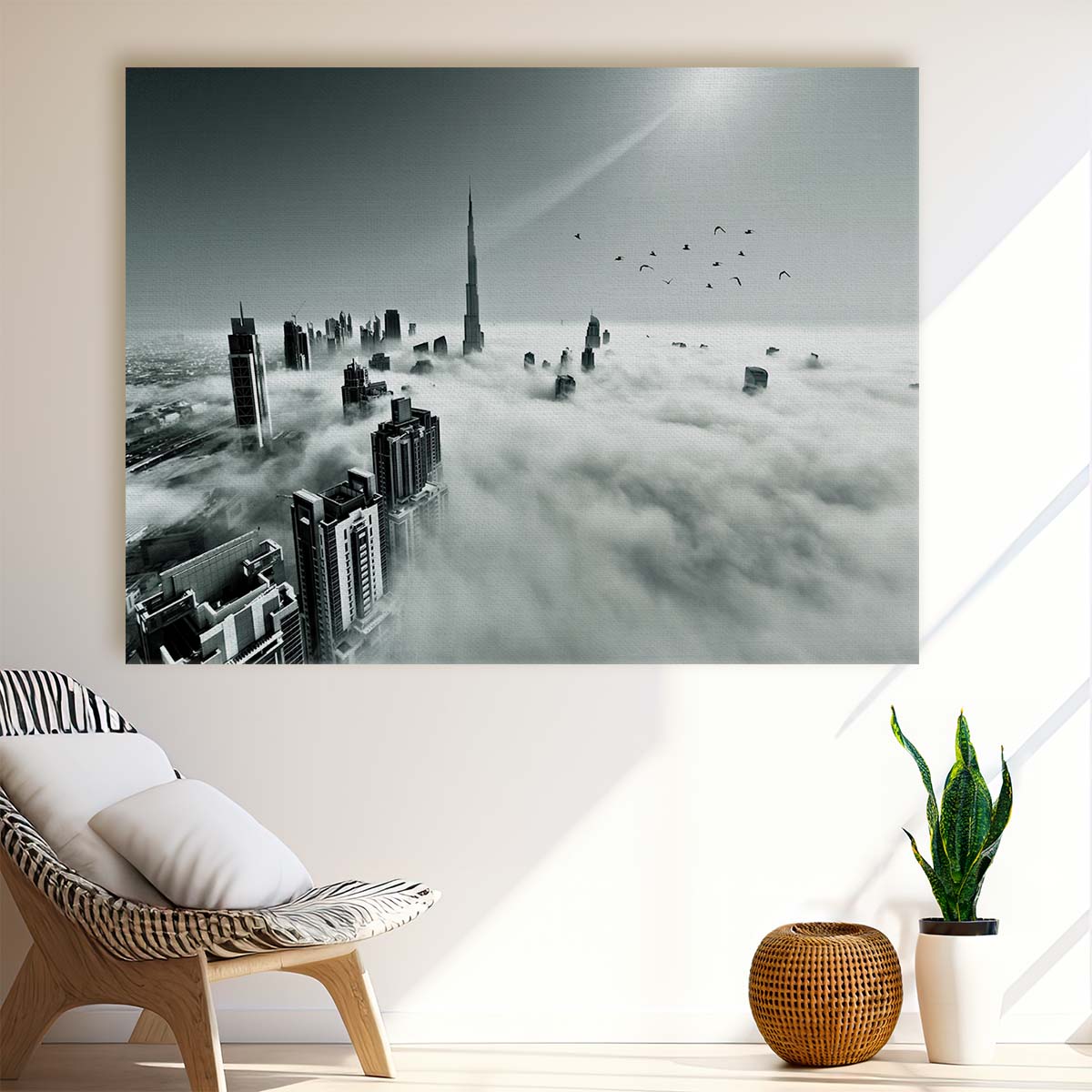 Dubai's Iconic Burj Khalifa Skyline Foggy View Wall Art by Luxuriance Designs. Made in USA.