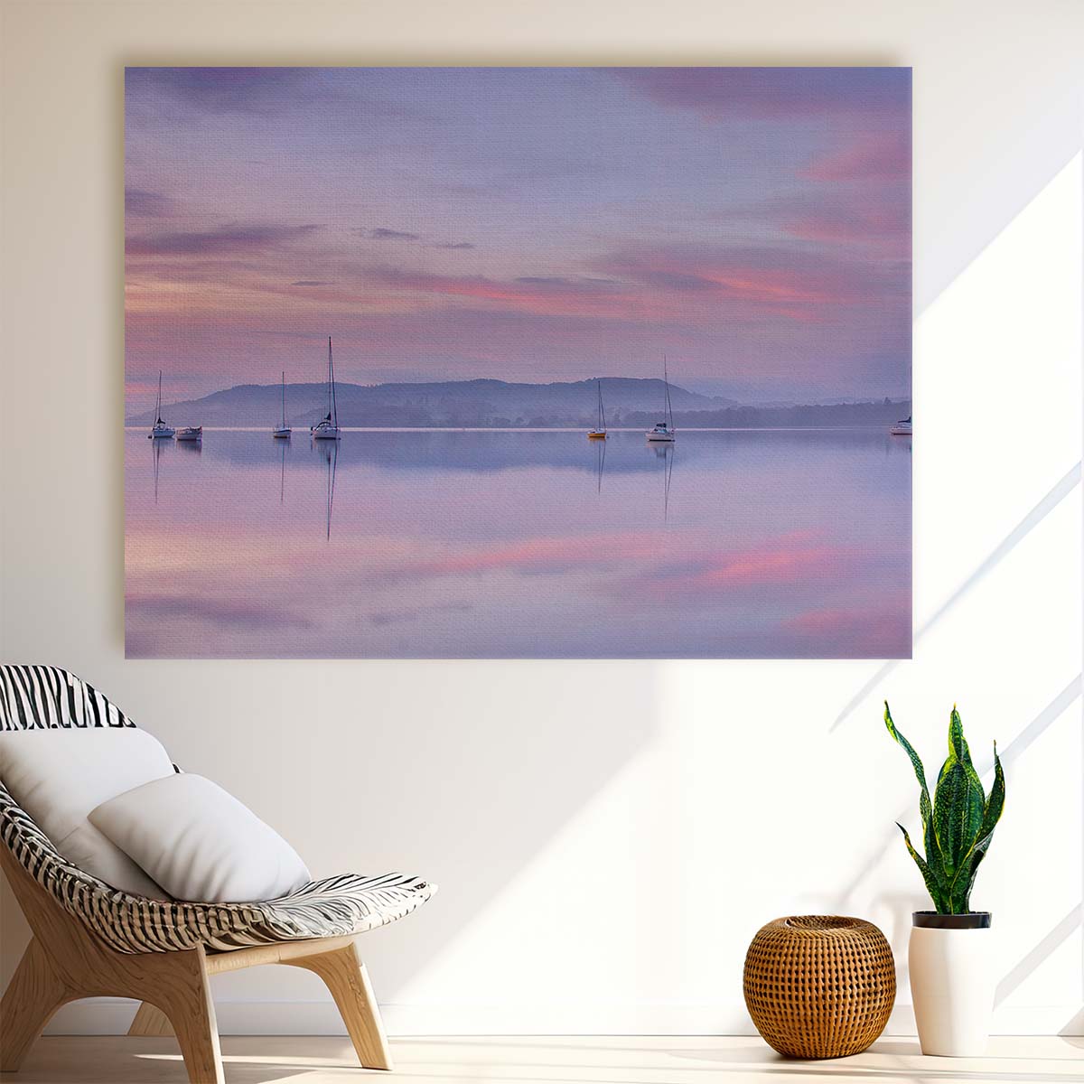 Serene Dawn Seascape Pastel Sailboats Wall Art by Luxuriance Designs. Made in USA.