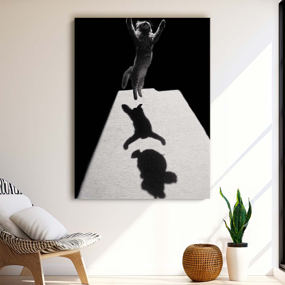 Minimalist Monochrome Photography of Playful Cat Leaping in Shadows by Luxuriance Designs, made in USA