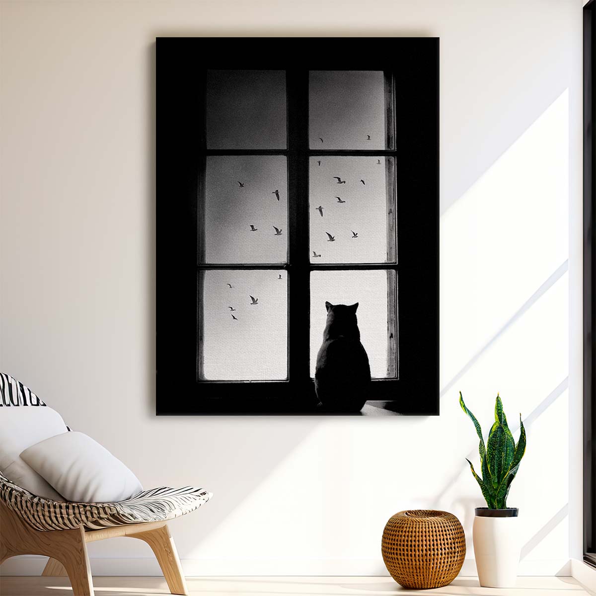 Monochrome Cat Observing Birds Migration Photography Art by Luxuriance Designs, made in USA
