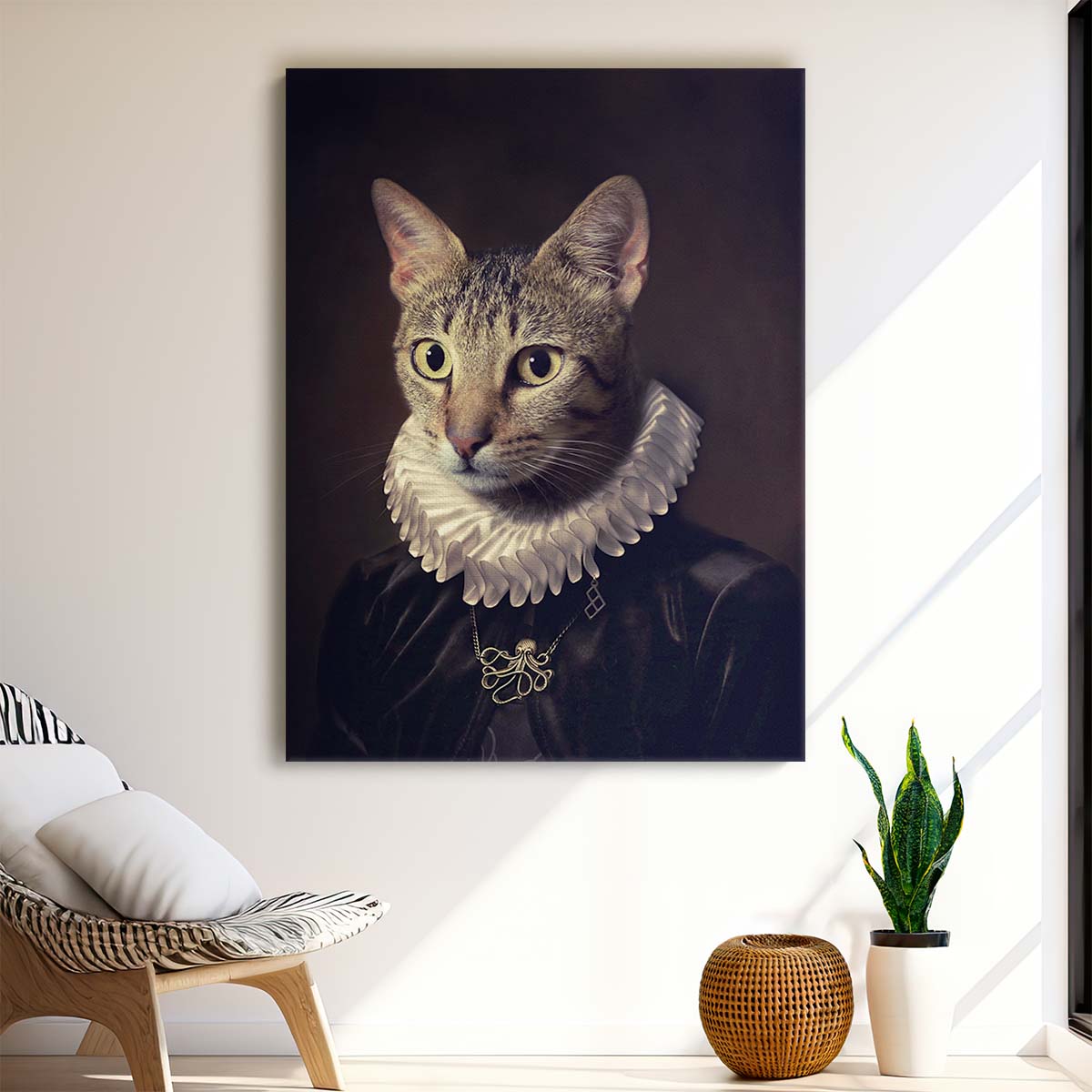 Vintage Renaissance Cat Portrait Photography, Animal Face with Necklace by Luxuriance Designs, made in USA