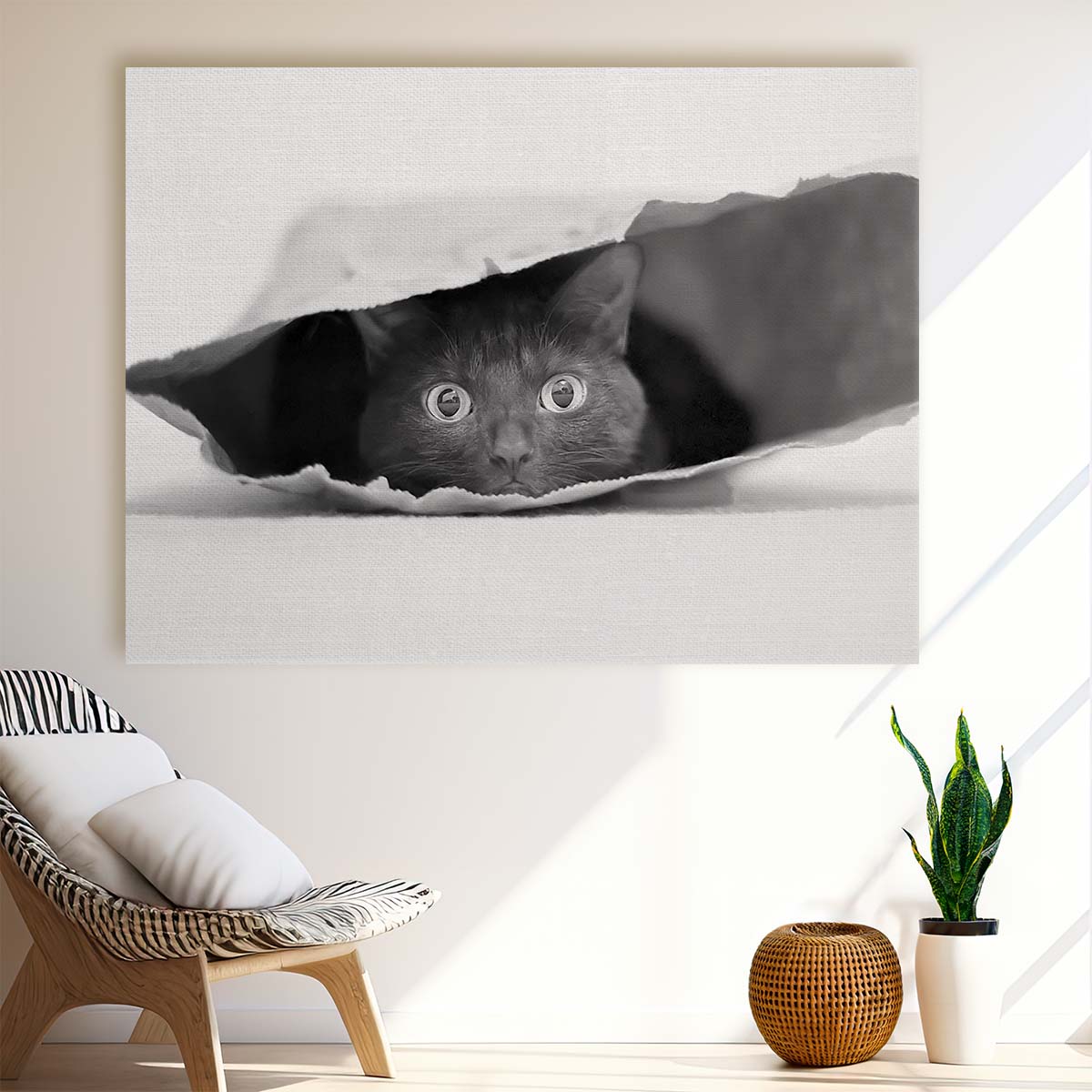 Curious Cat in Shopping Bag Humor Monochrome Wall Art by Luxuriance Designs. Made in USA.