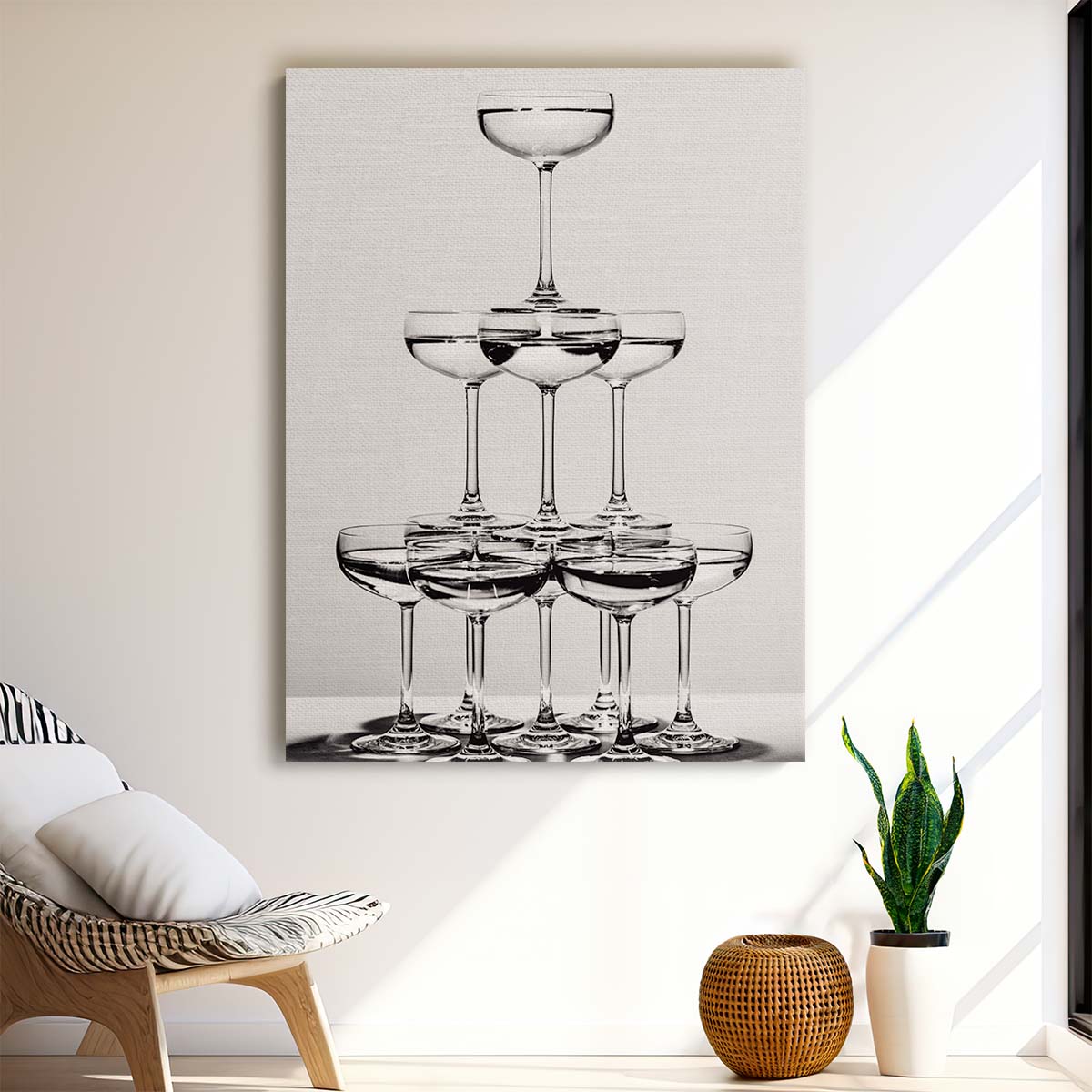 Monochrome Still Life Champagne Tower Photography for Bar Decor by Luxuriance Designs, made in USA