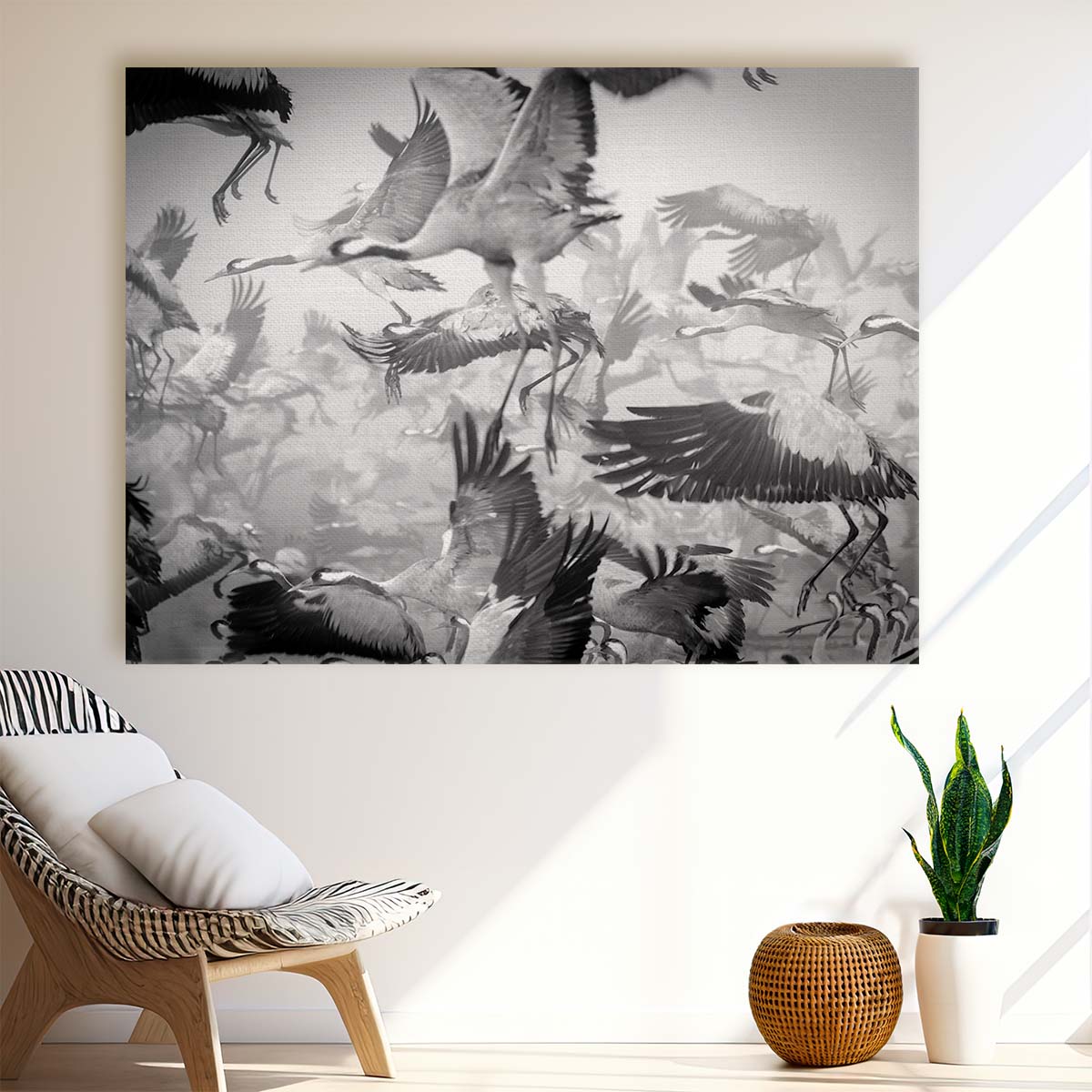 Misty Crane Migration Over Chula Lake Wall Art by Luxuriance Designs. Made in USA.