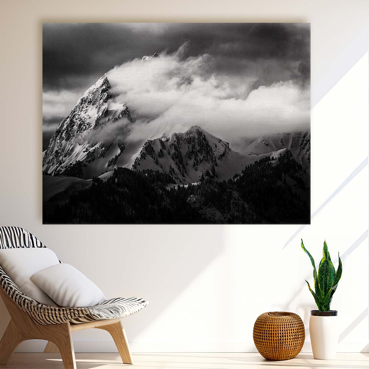 Monochrome Mountain Summit Cloudy Sky Landscape Photography Wall Art