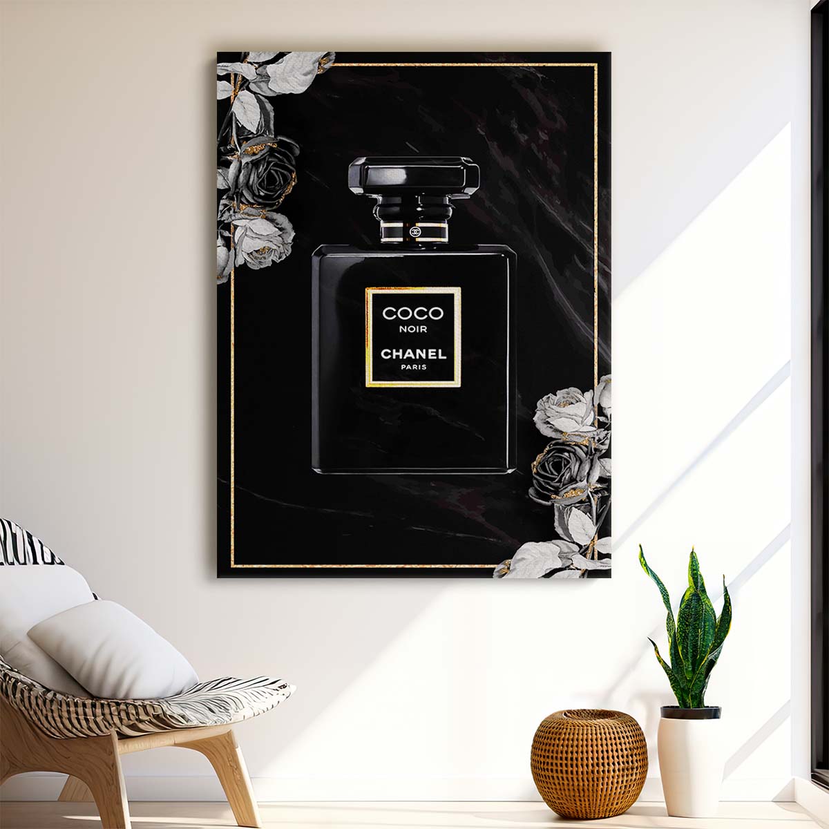 Coco Chanel Noir Perfume Dark Rose Wall Art by Luxuriance Designs. Made in USA.