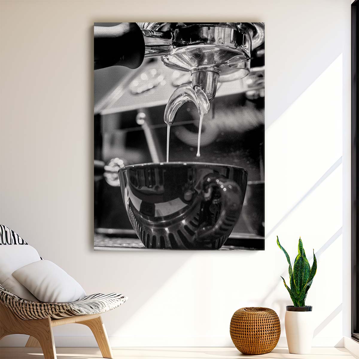 Monochrome Coffee Dripping Cup Still Life Photography Artwork by Luxuriance Designs, made in USA