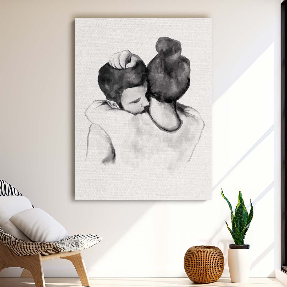 Romantic Couple Embrace Watercolor Illustration in Monochrome by Luxuriance Designs, made in USA