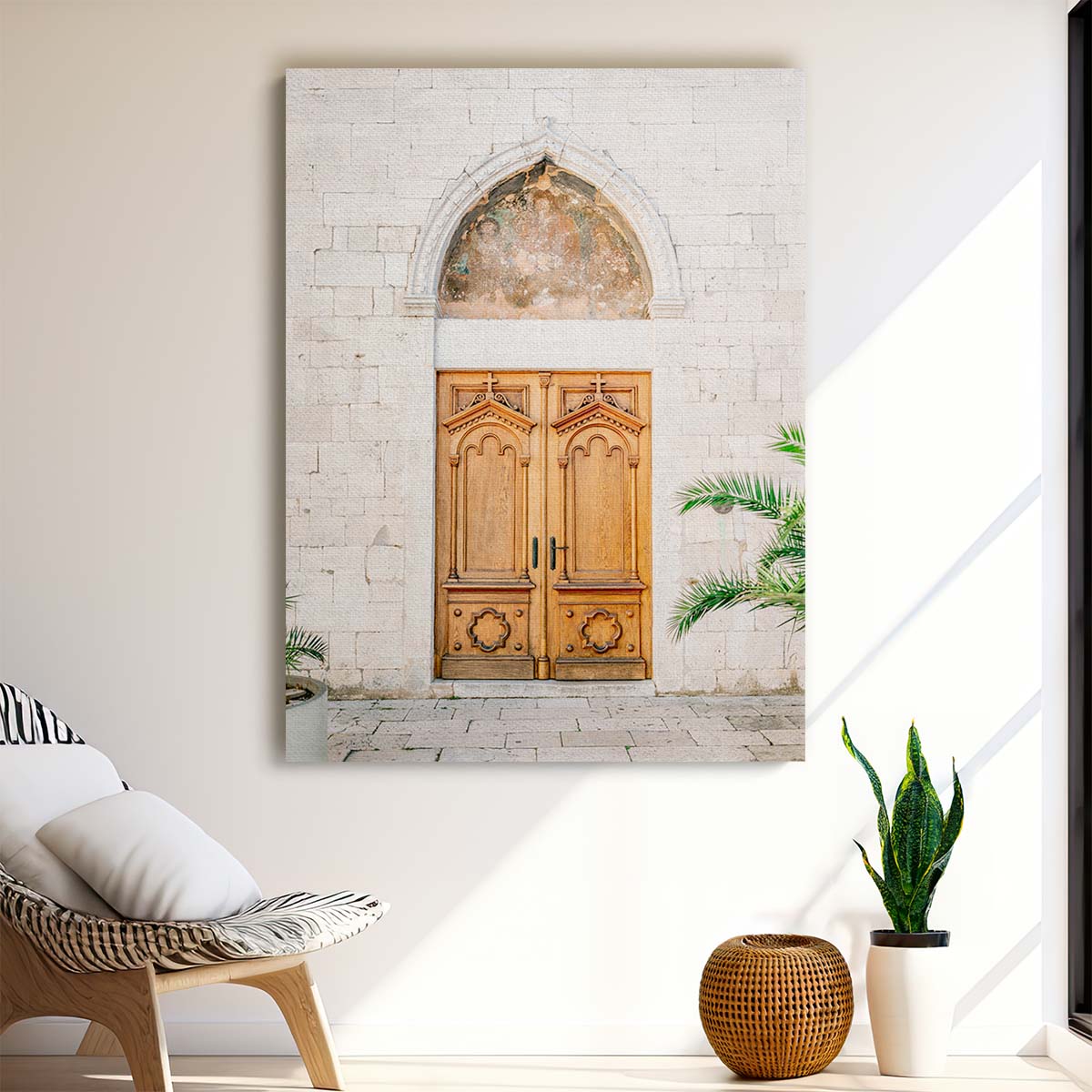 Croatian Church Doorway Photography, Beige Summer Cityscape Wall Art by Luxuriance Designs, made in USA