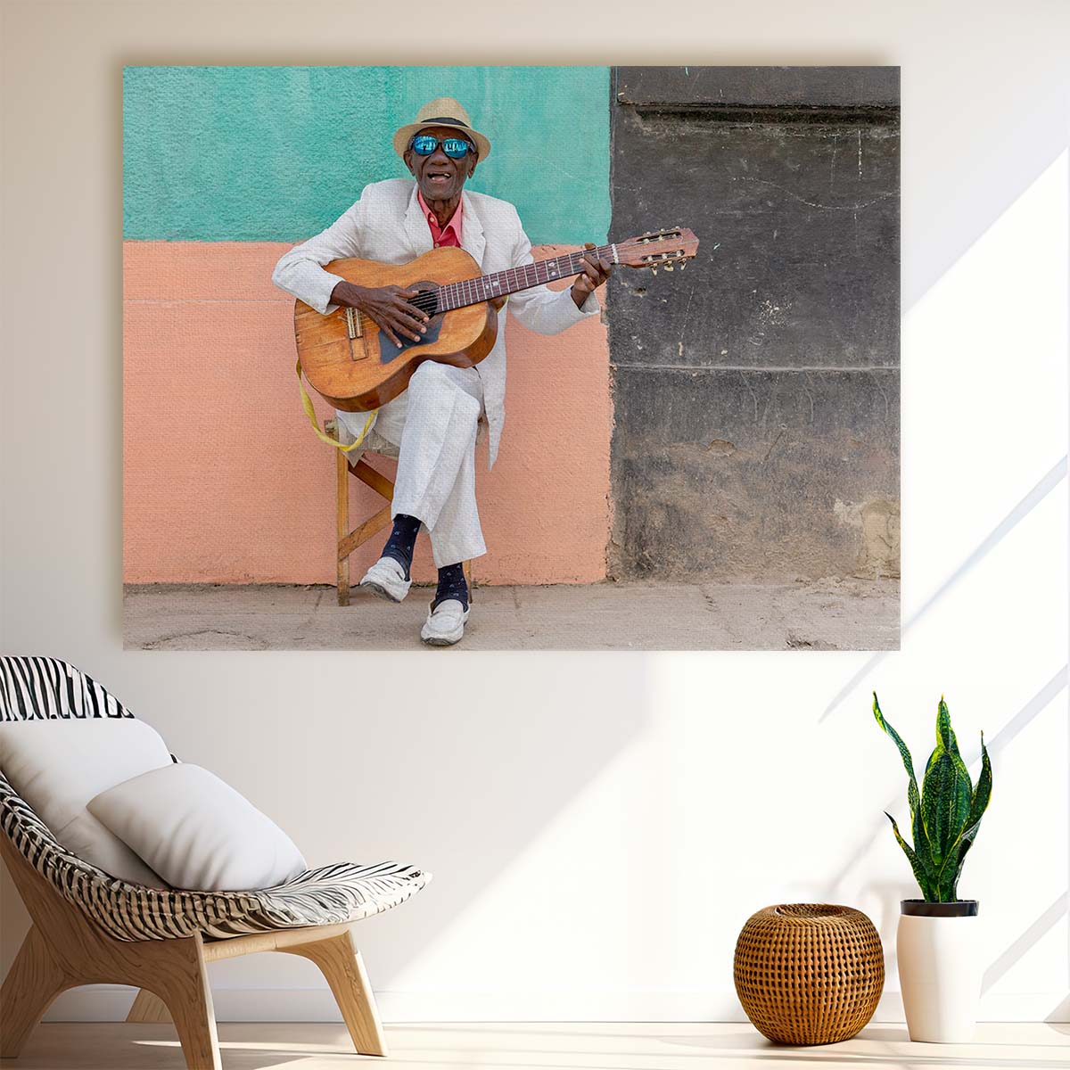 Colorful Cuban Guitarist Street Performance in Havana Wall Art