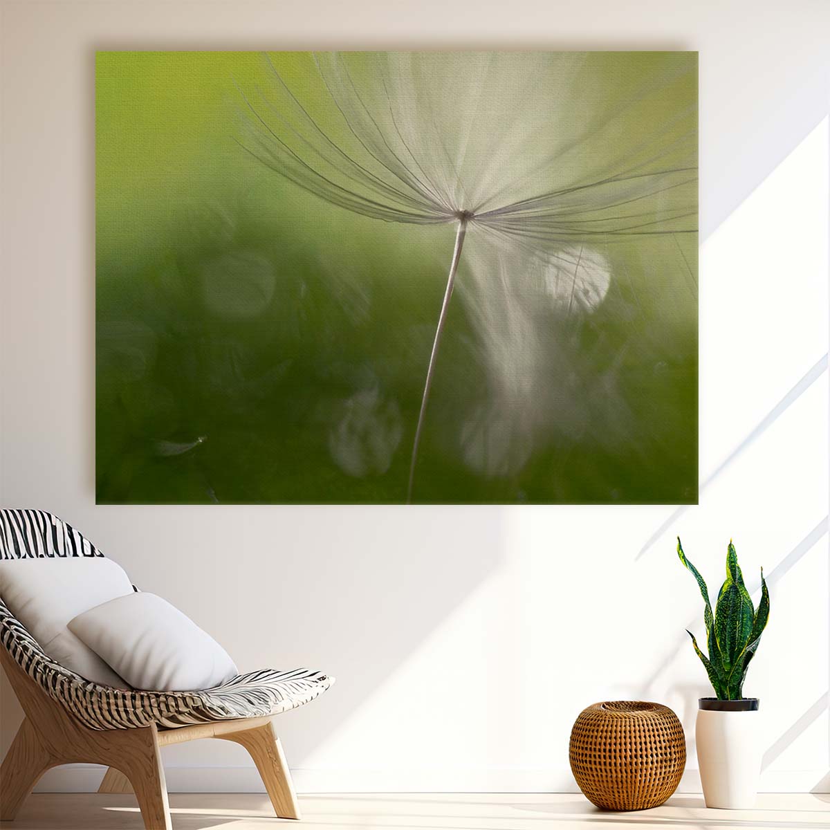 Delicate Green Dandelion Feather Macro Floral Wall Art by Luxuriance Designs. Made in USA.