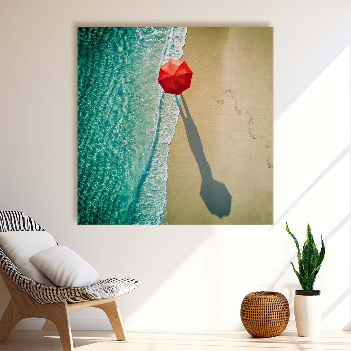 Paradise Coastal Seascape Photography Featuring Red Umbrella Wall Art by Luxuriance Designs. Made in USA.