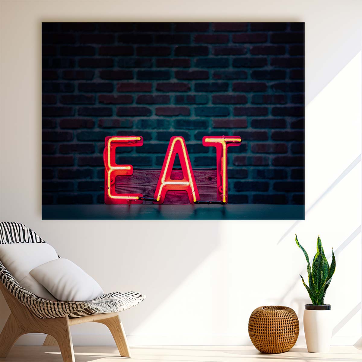 Red Neon 'EAT' Typography Brick Wall Art Sign by Luxuriance Designs. Made in USA.