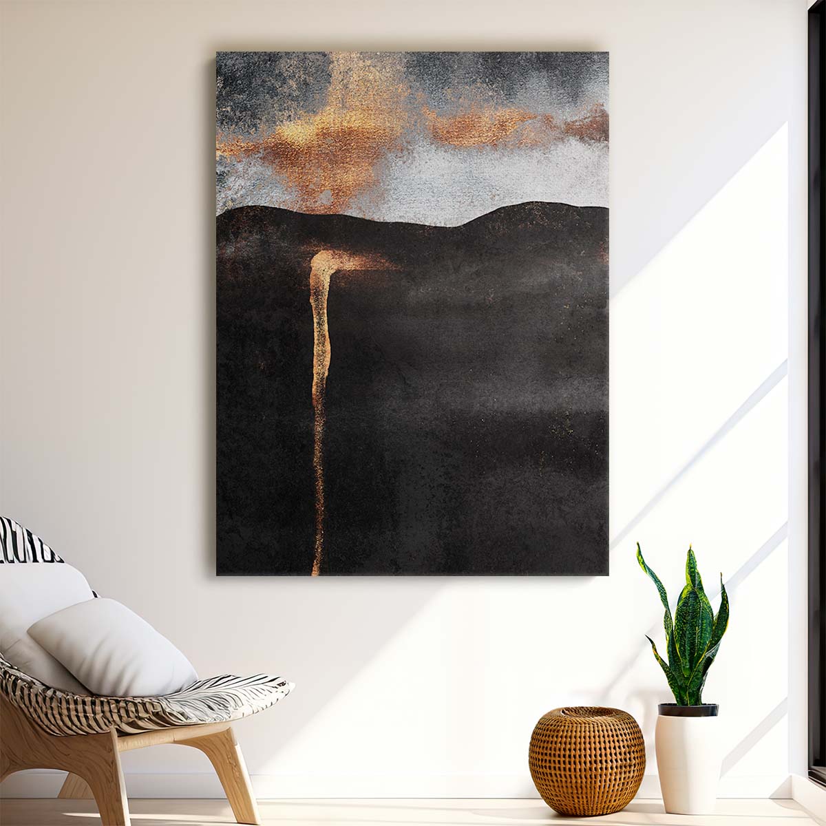 Gold Abstract Landscape Illustration on Textured Canvas - Ember Black White by Luxuriance Designs, made in USA