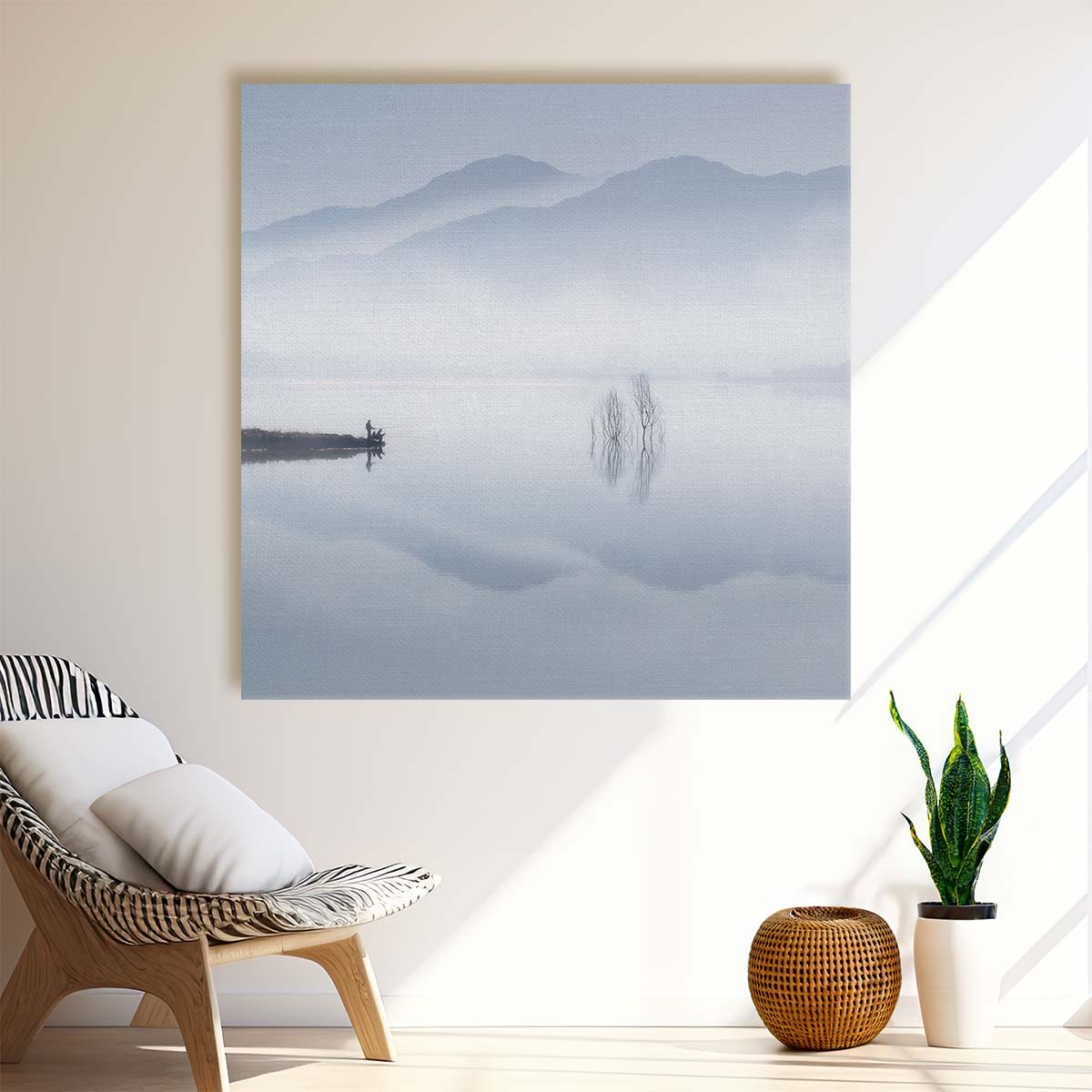 Serene Misty Lake Fishing Pastel Landscape Photography Wall Art by Luxuriance Designs. Made in USA.