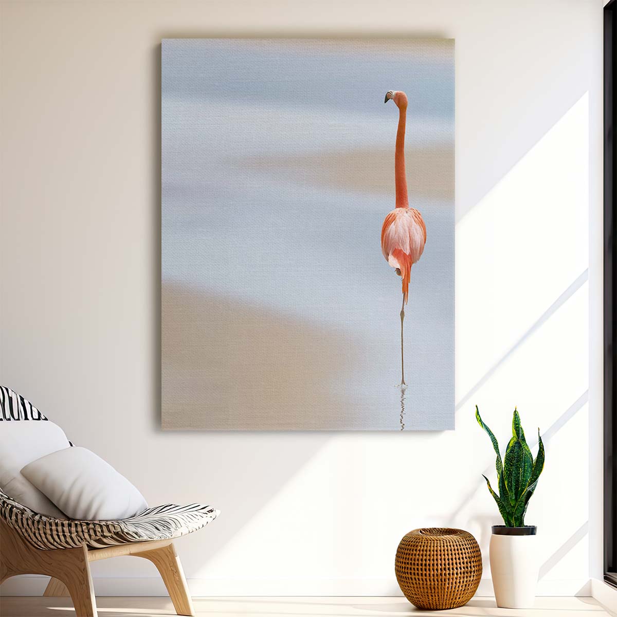 Minimalistic Red Flamingo Wildlife Photography, Coastal Beach Landscape by Luxuriance Designs, made in USA